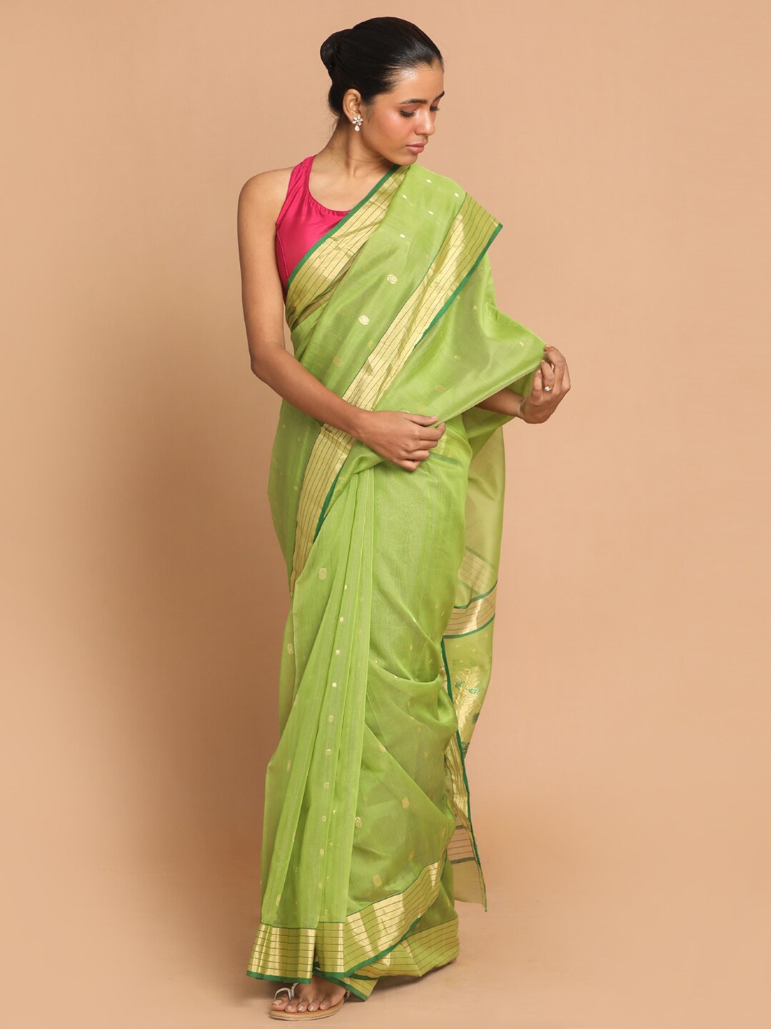 

Indethnic Olive Green & Gold-Toned Ethnic Motifs Zari Silk Cotton Chanderi Saree
