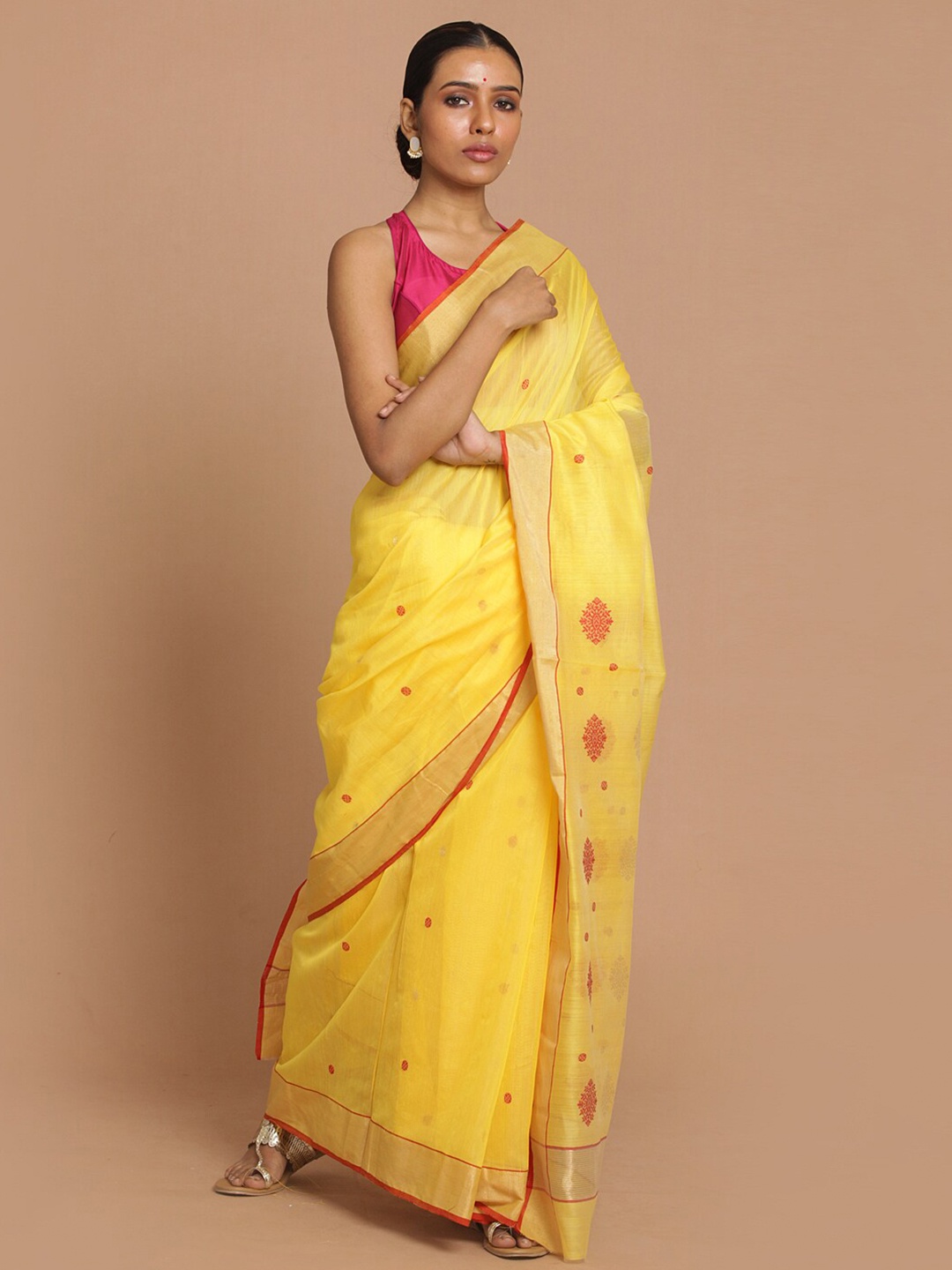 

Indethnic Yellow & Red Woven Design Zari Silk Cotton Chanderi Saree