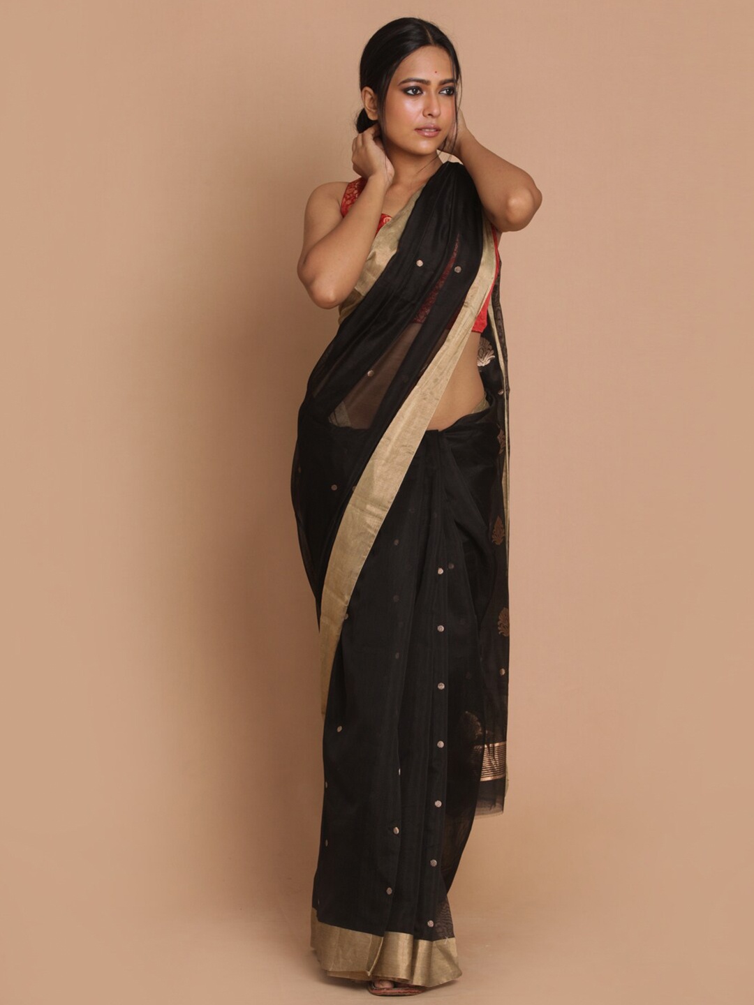 

Indethnic Black & Gold-Coloured Ethnic Motifs Zari Silk Cotton Chanderi Saree
