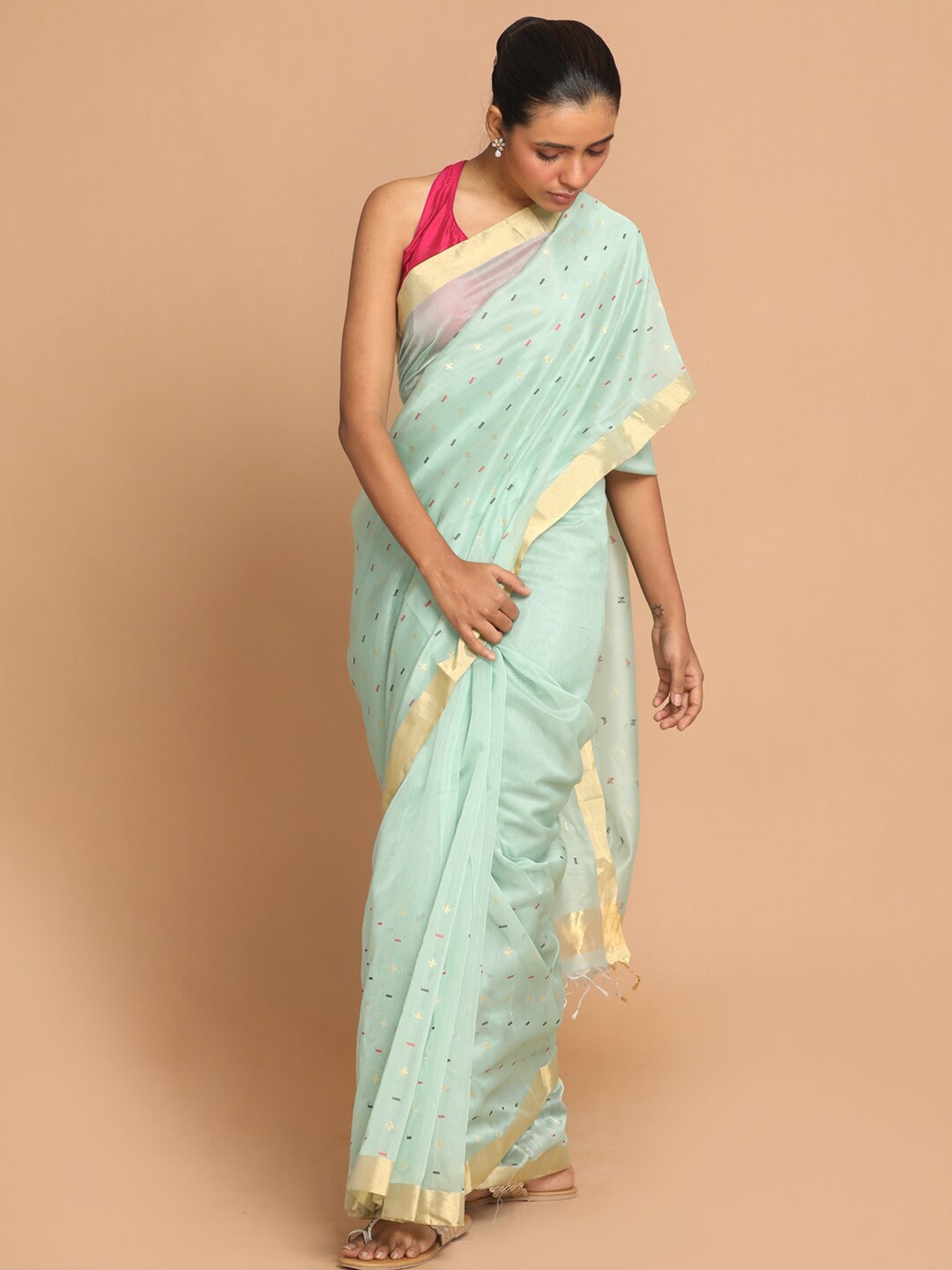 

Indethnic Sea Green & Gold-Toned Zari Silk Cotton Chanderi Saree