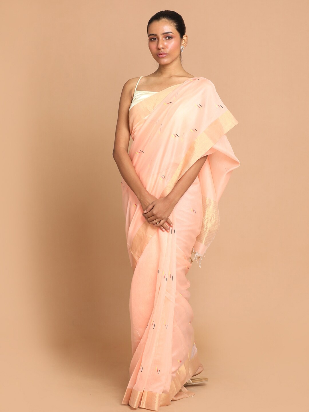 

Indethnic Peach-Coloured & Gold-Toned Woven Design Zari Silk Cotton Chanderi Saree