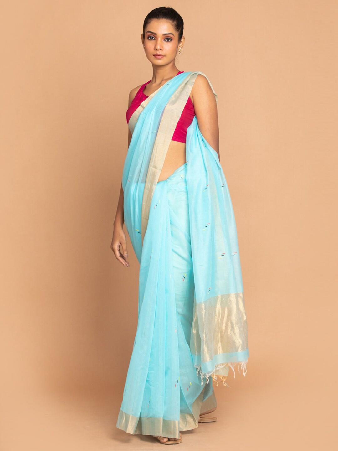 

Indethnic Blue & Gold-Toned Woven Design Silk Cotton Saree