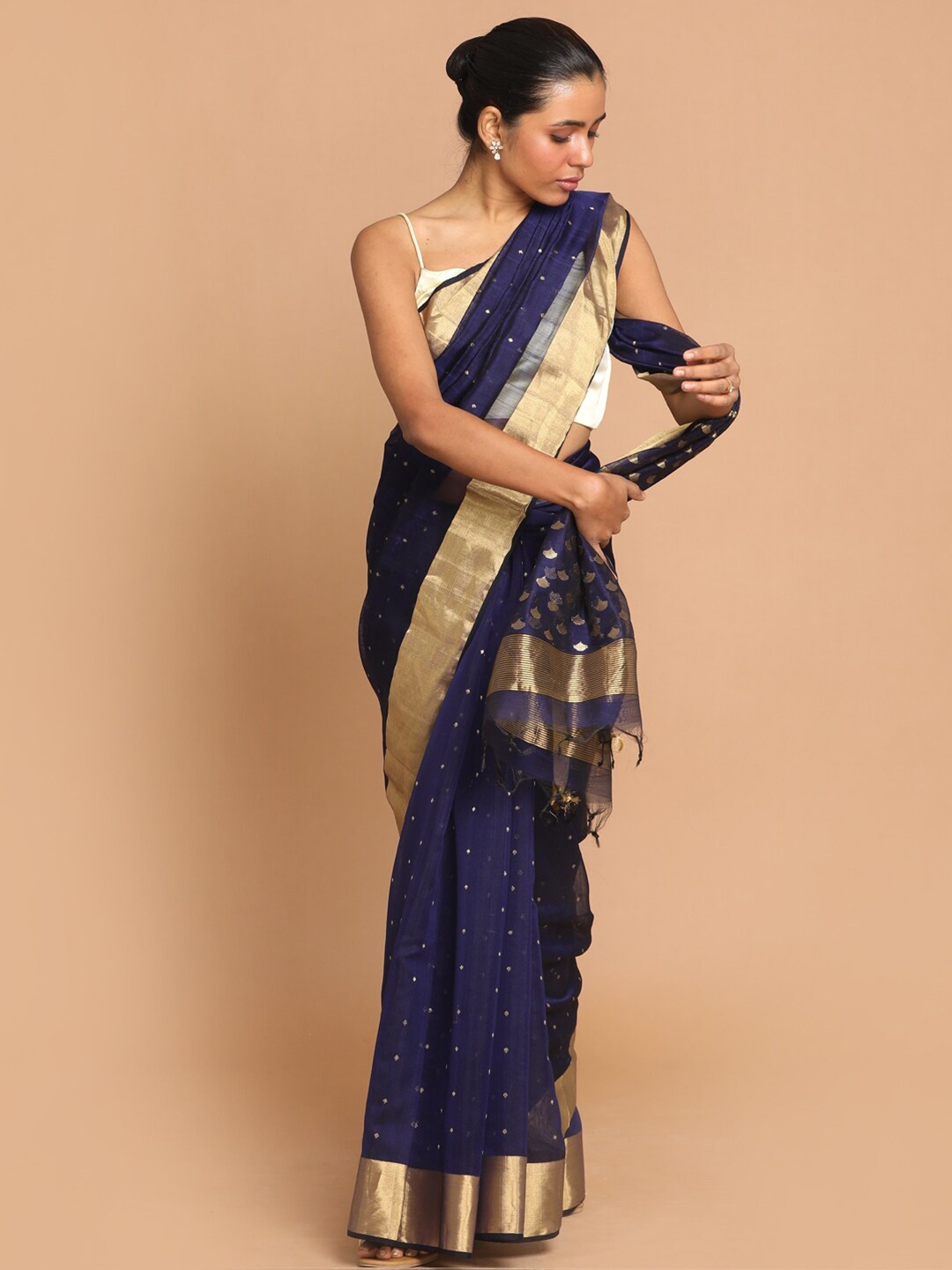 

Indethnic Navy Blue & Gold-Toned Zari Silk Cotton Chanderi Saree