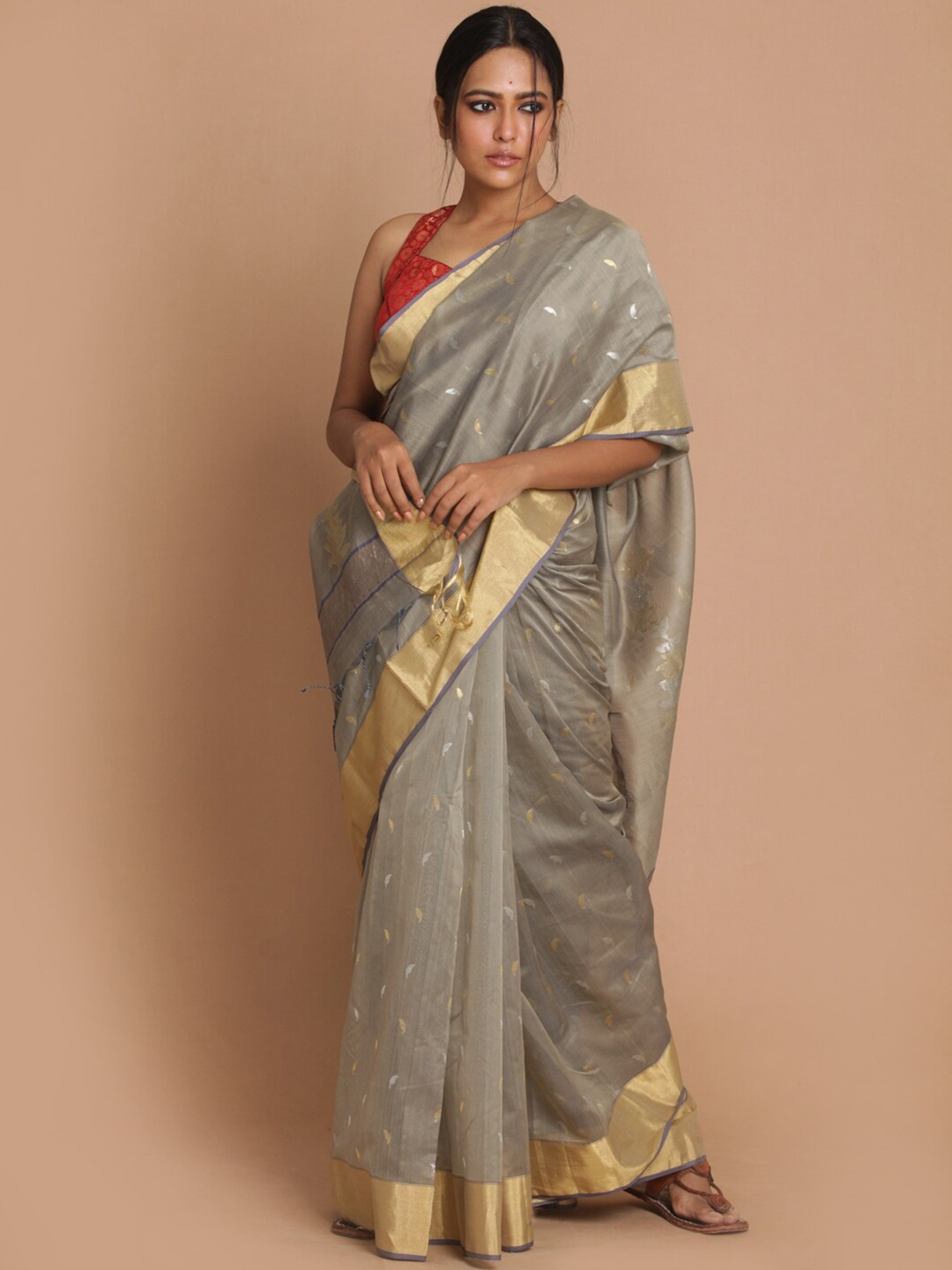 

Indethnic Grey & Gold-Toned Ethnic Motifs Zari Silk Cotton Chanderi Saree