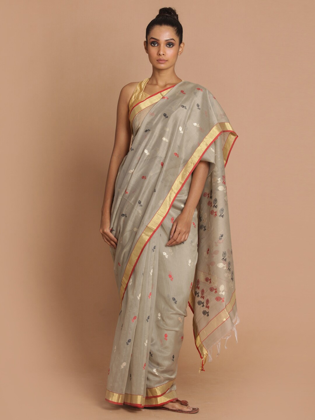 

Indethnic Grey & Red Woven Design Zari Silk Cotton Chanderi Saree