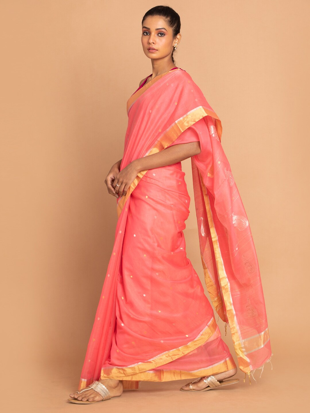 

Indethnic Peach-Coloured & Gold-Toned Ethnic Motifs Zari Silk Cotton Chanderi Saree