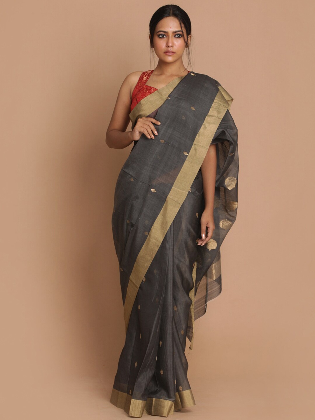 

Indethnic Grey & Gold-Toned Woven Design Zari Silk Cotton Chanderi Saree