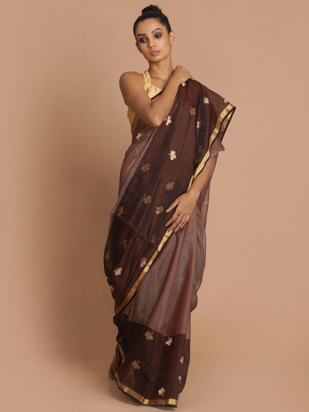 

Indethnic Coffee Brown & Gold-Toned Ethnic Motifs Zari Silk Cotton Chanderi Saree