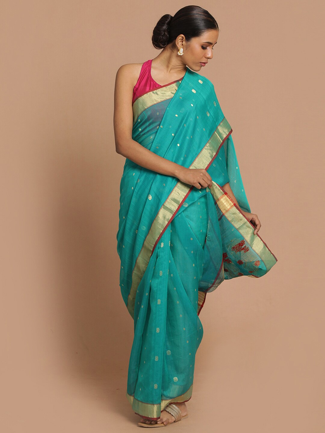 

Indethnic Green & Red Woven Design Zari Silk Cotton Chanderi Saree