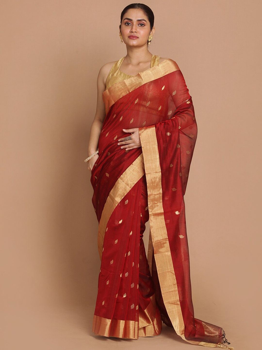 

Indethnic Maroon & Gold-Toned Woven Design Zari Silk Cotton Chanderi Saree