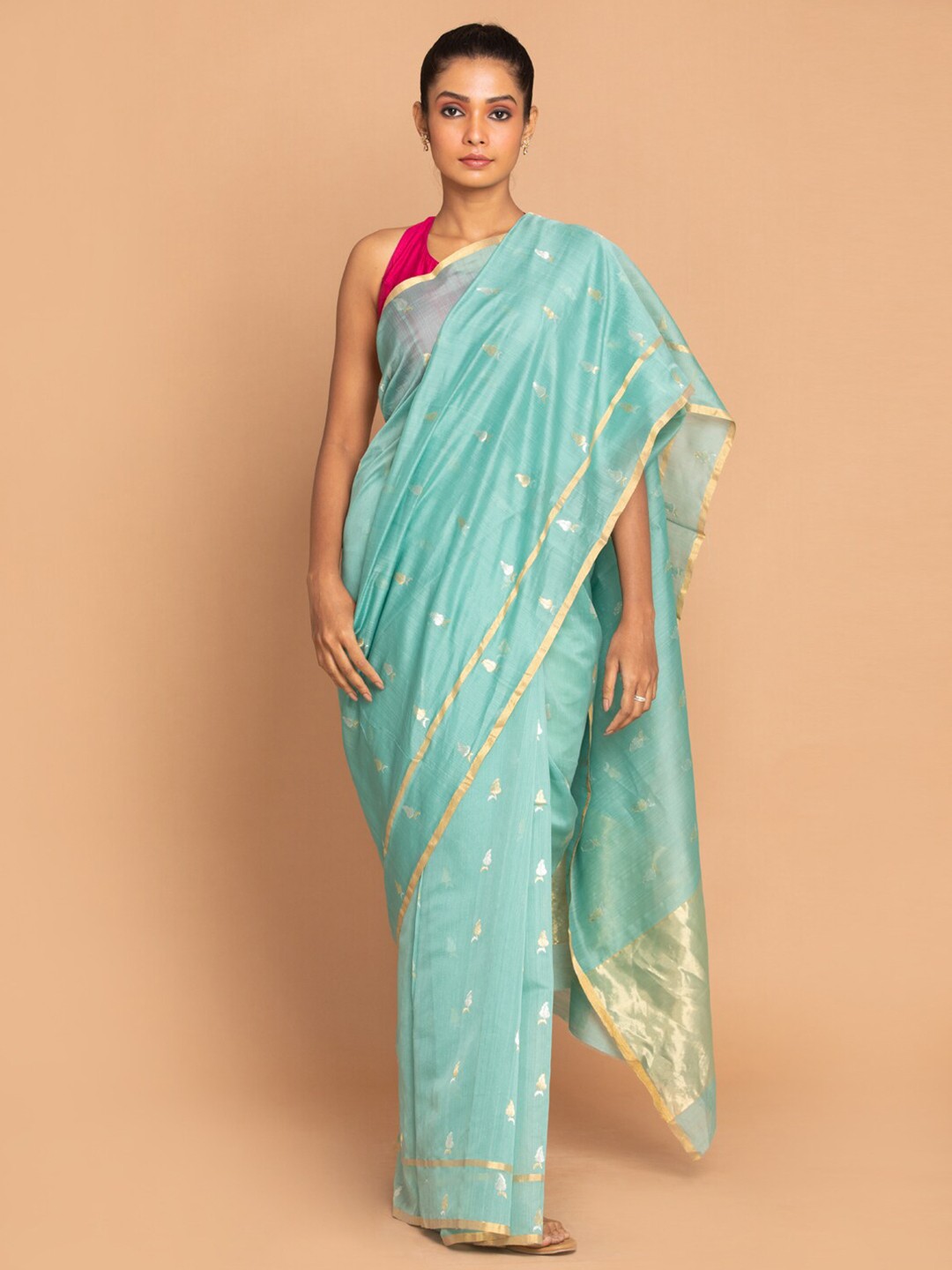

Indethnic Blue & Gold-Toned Woven Design Silk Cotton Chanderi Saree