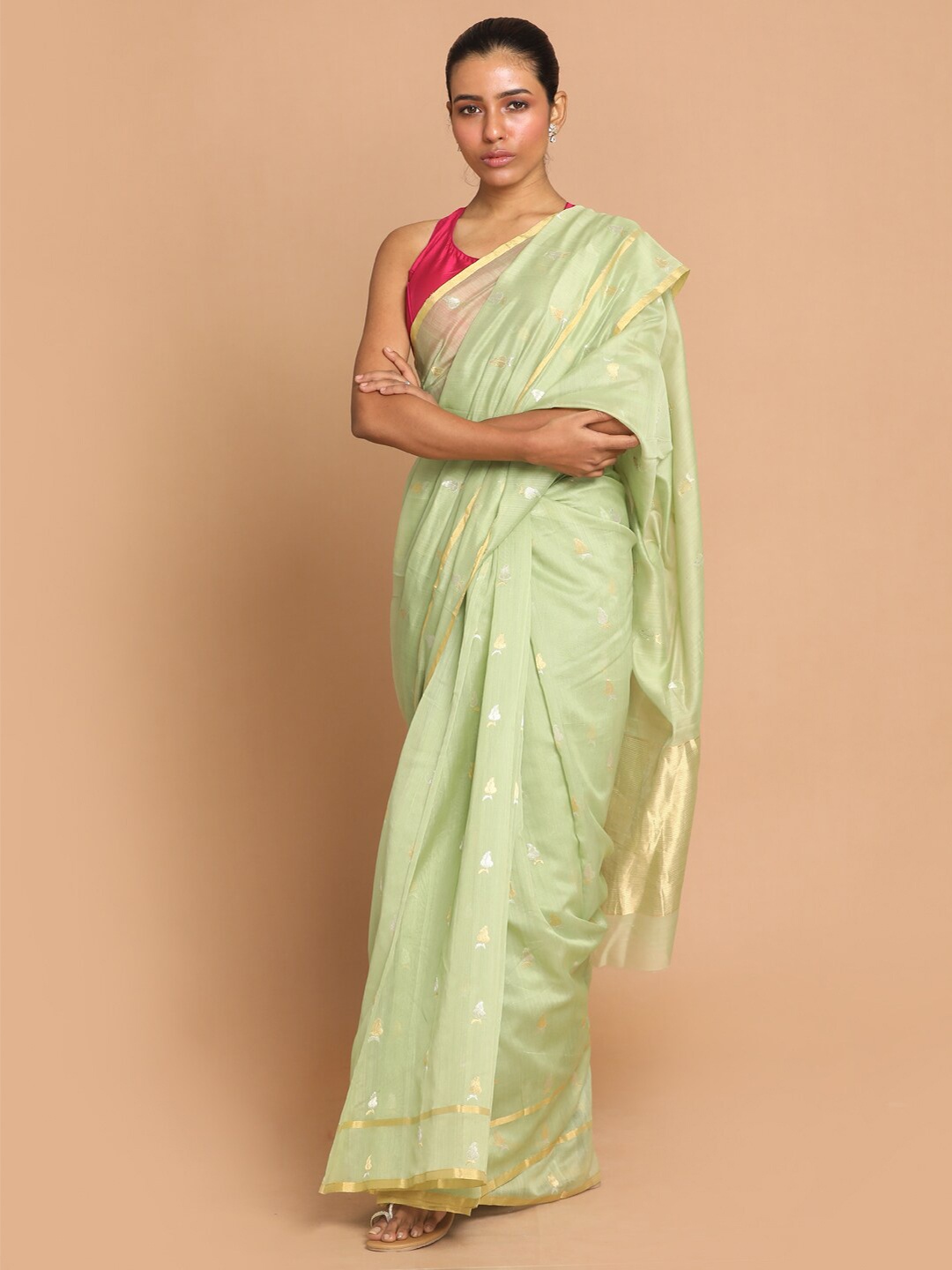 

Indethnic Lime Green & Gold-Toned Woven Design Zari Silk Cotton Chanderi Saree