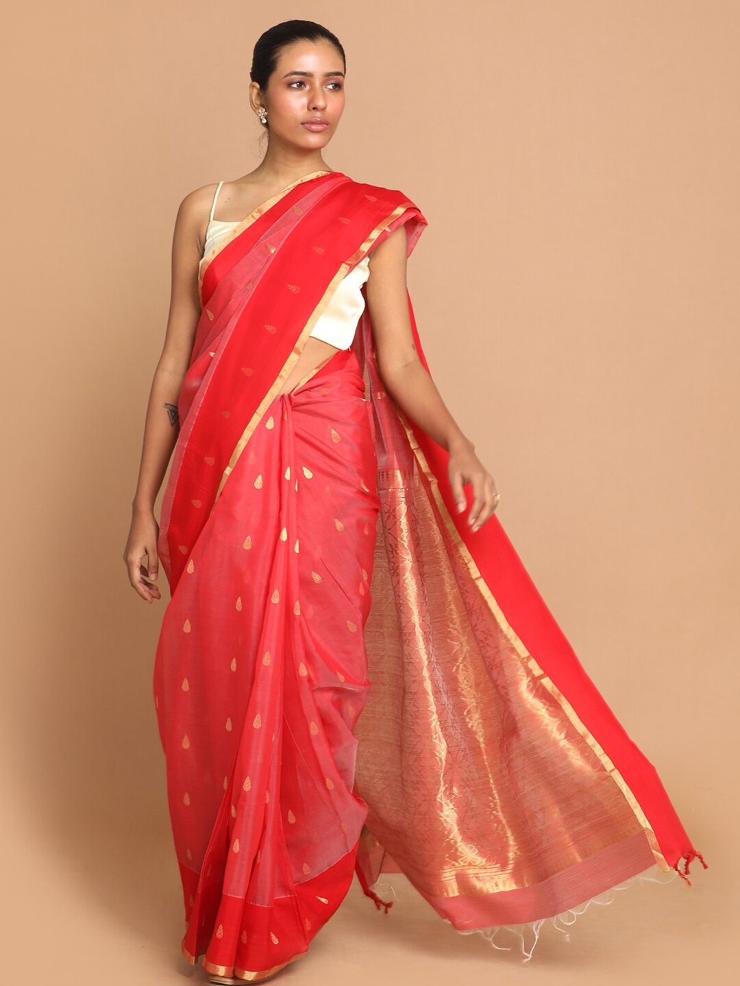 

Indethnic Red & Gold-Toned Ethnic Motifs Zari Silk Cotton Chanderi Saree