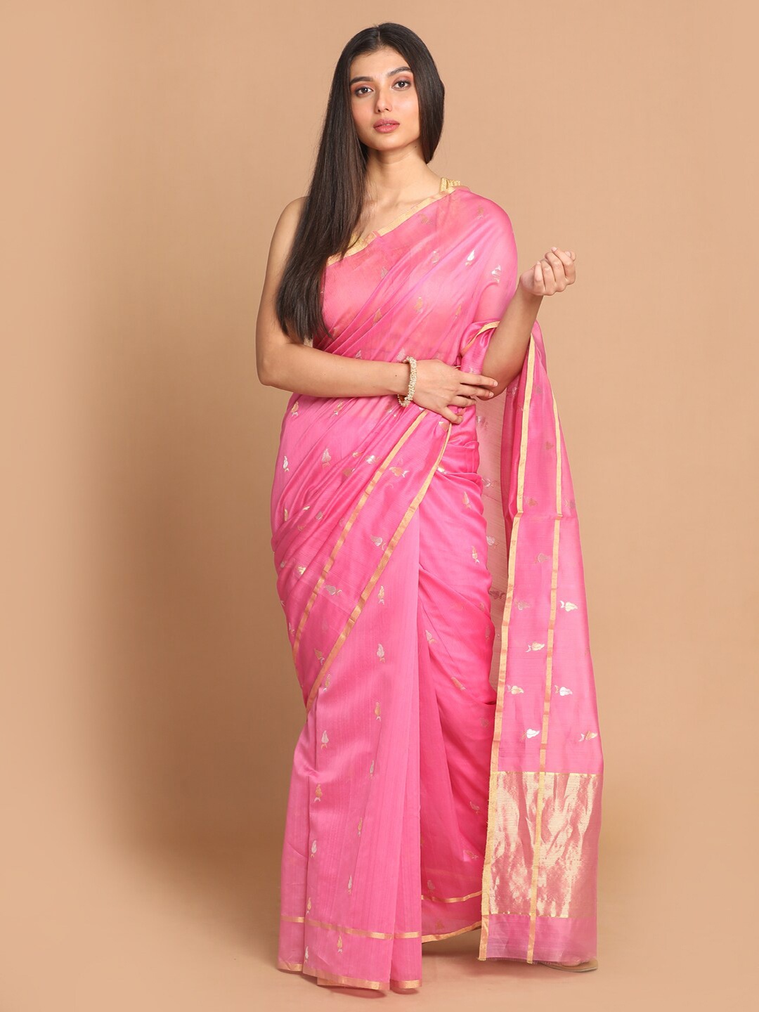 

Indethnic Fuchsia & Gold-Toned Ethnic Motifs Zari Silk Cotton Chanderi Saree