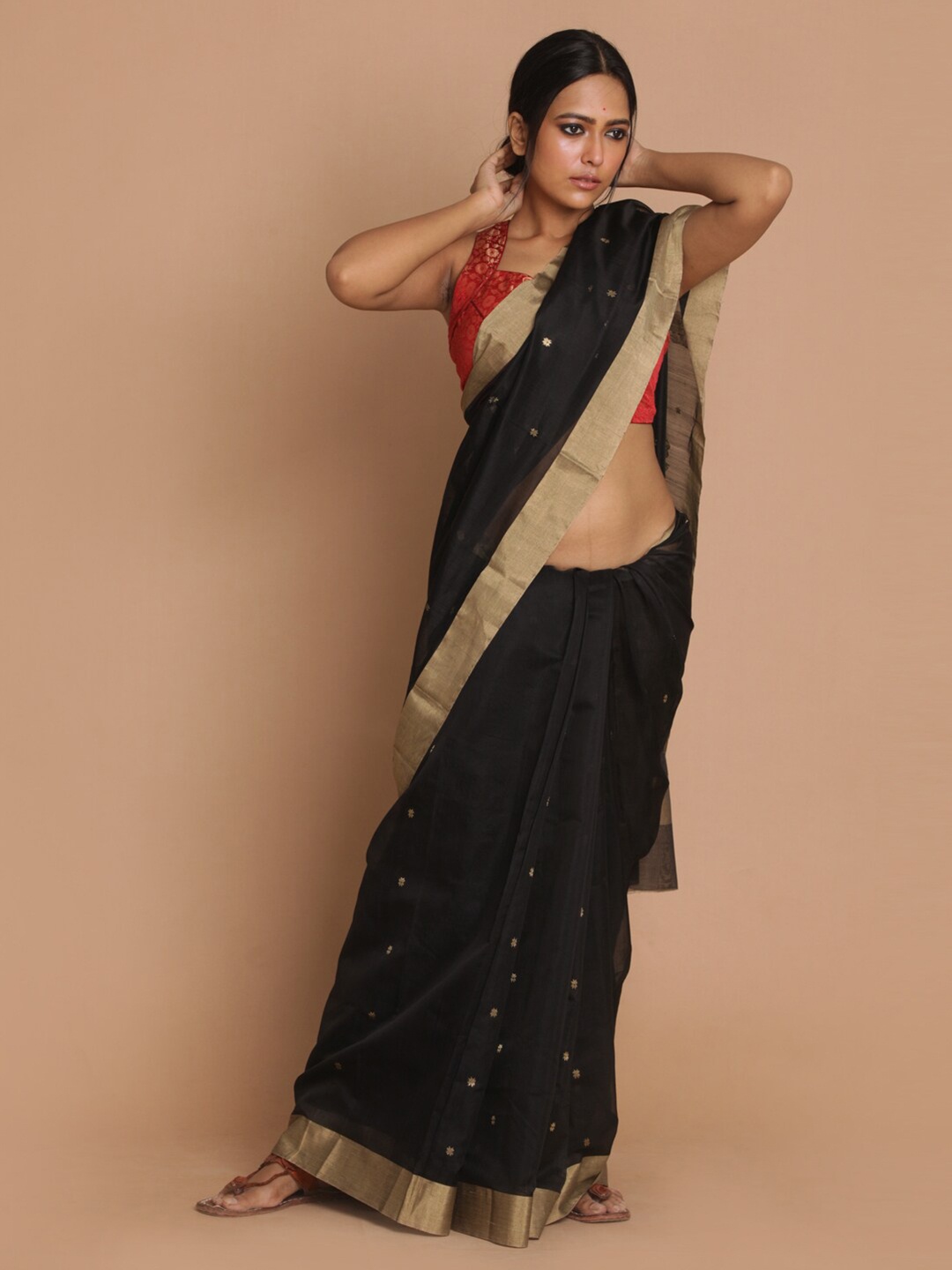 

Indethnic Black & Gold-Toned Ethnic Motifs Zari Silk Cotton Chanderi Saree