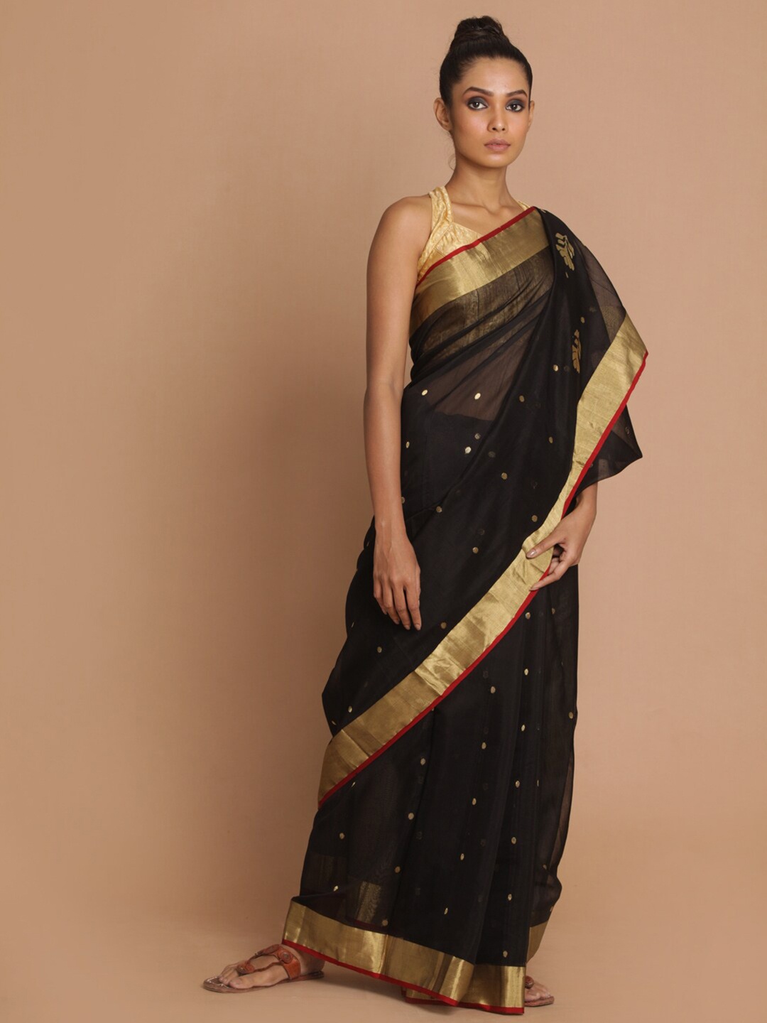 

Indethnic Black & Red Ethnic Motifs Zari Silk Cotton Chanderi Saree