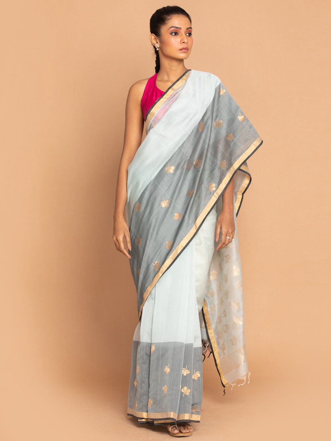 

Indethnic Blue & Gold-Toned Floral Zari Silk Cotton Chanderi Saree