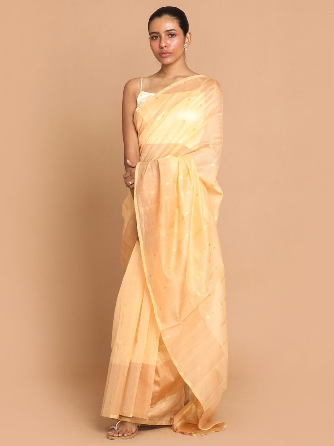 

Indethnic Beige & Gold-Toned Ethnic Motifs Zari Silk Cotton Chanderi Saree