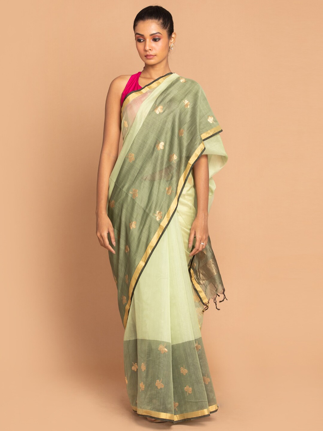 

Indethnic Green & Gold-Toned Floral Zari Silk Cotton Chanderi Saree