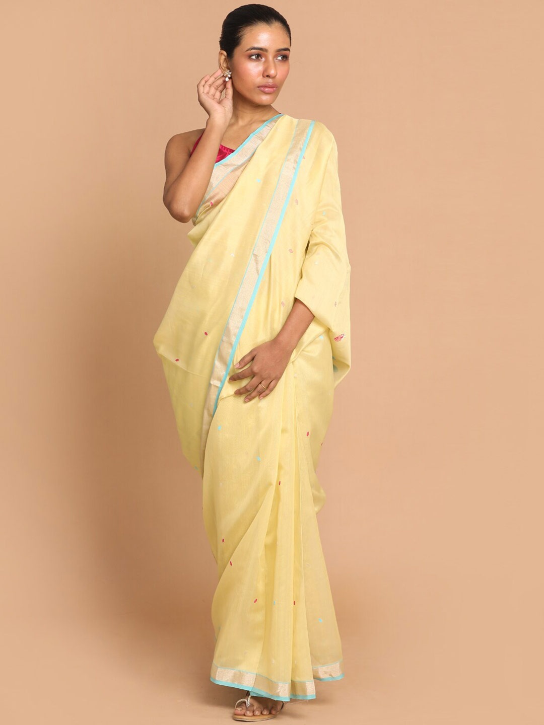 

Indethnic Gold-Toned & Blue Floral Zari Silk Cotton Chanderi Saree