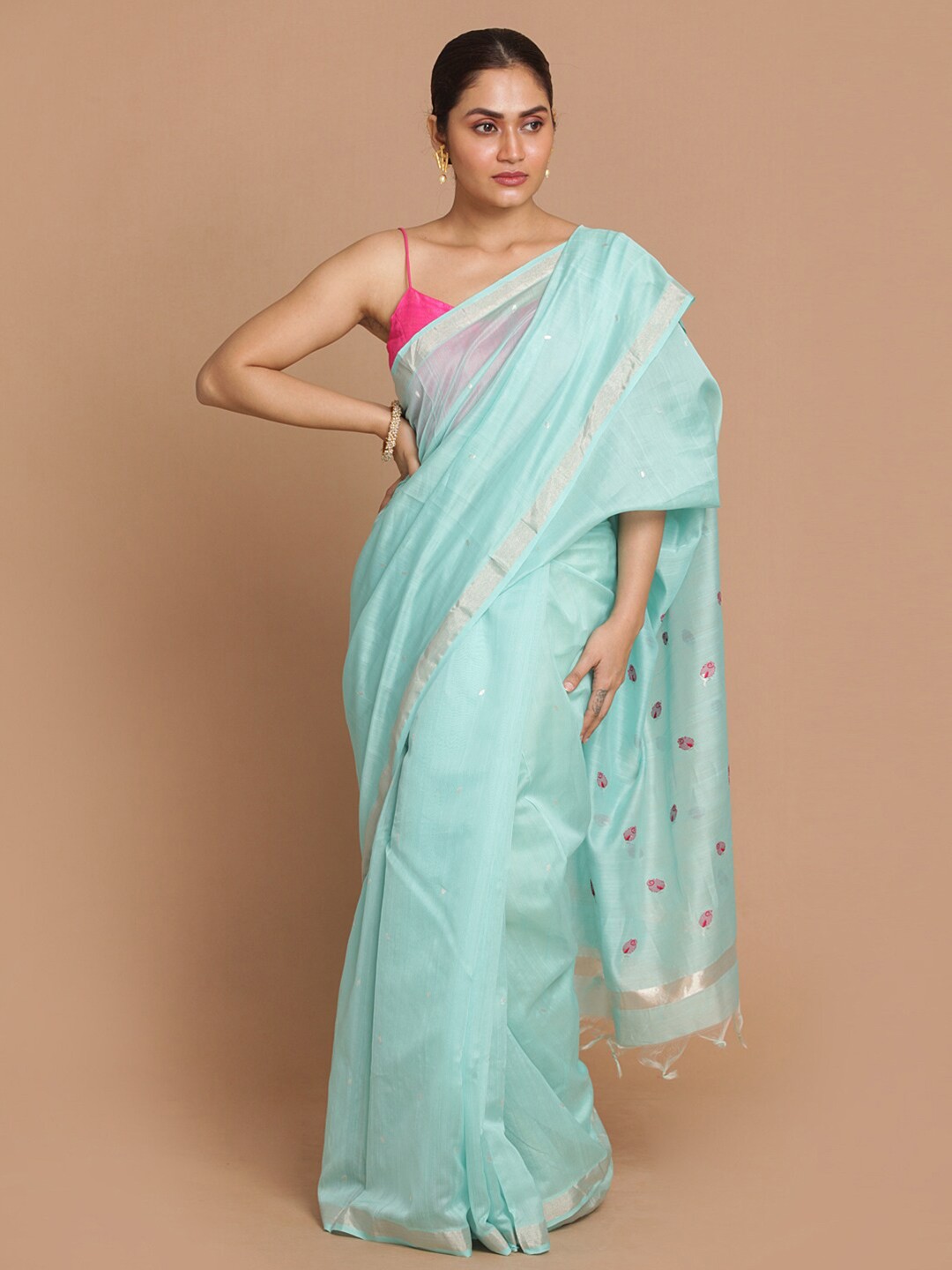 

Indethnic Turquoise Blue & Red Zari Silk Cotton Chanderi Saree