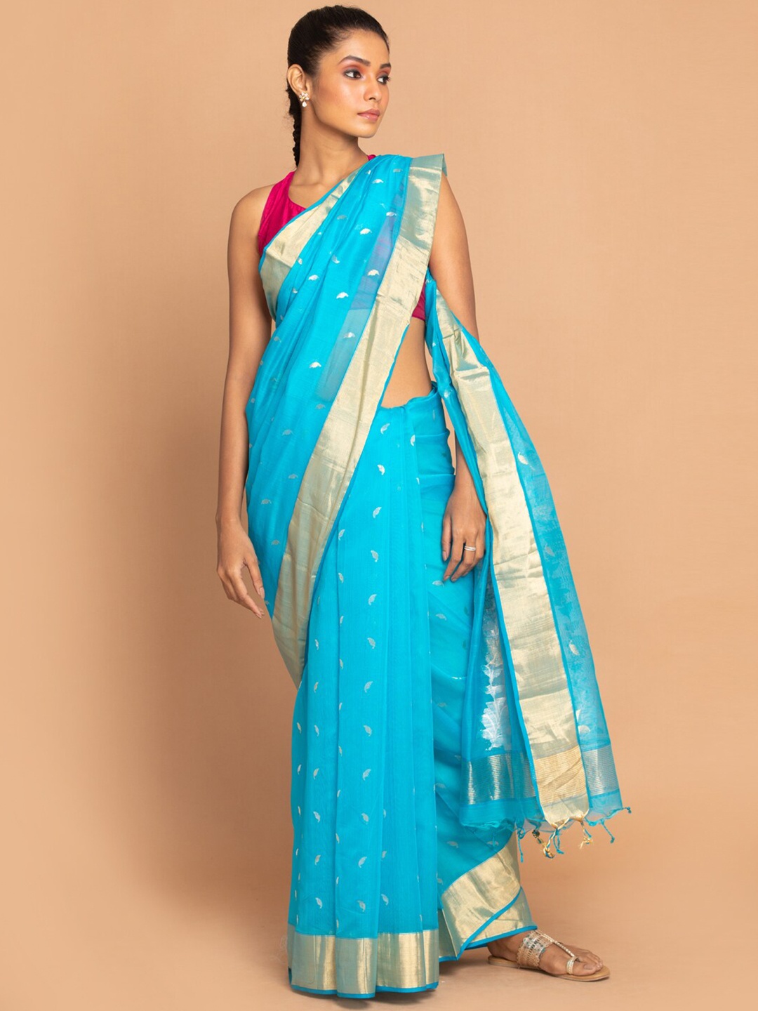 

Indethnic Blue & Gold-Toned Ethnic Motifs Zari Silk Cotton Chanderi Saree