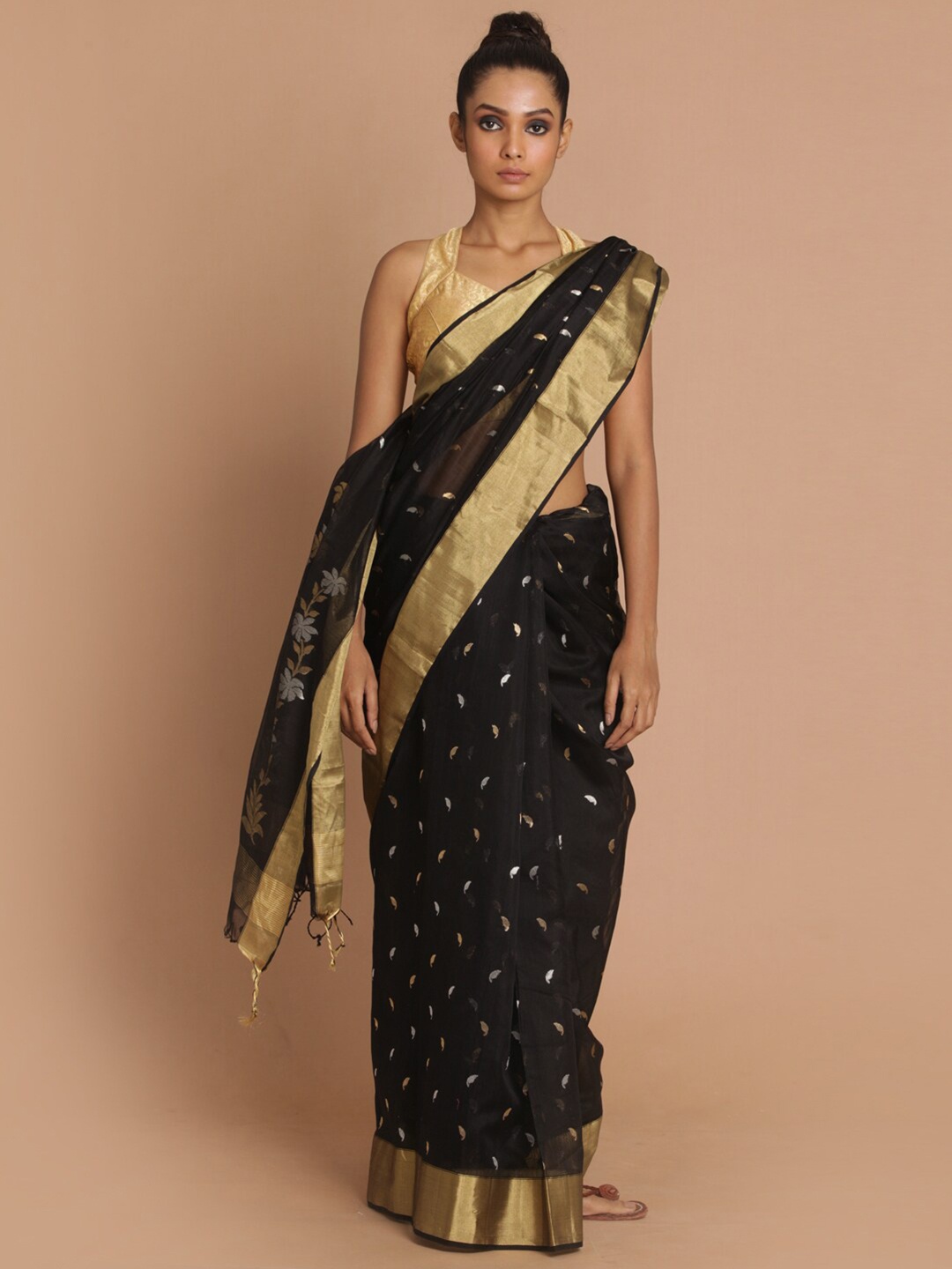 

Indethnic Black & Gold-Toned Ethnic Motifs Zari Silk Cotton Chanderi Saree