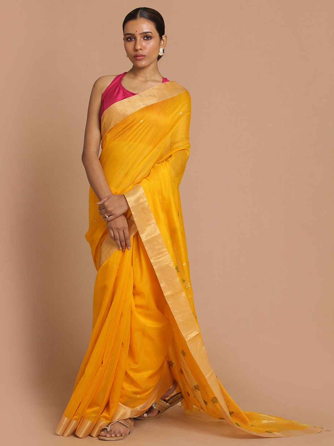 

Indethnic Yellow & Gold-Toned Ethnic Motifs Zari Silk Cotton Chanderi Saree