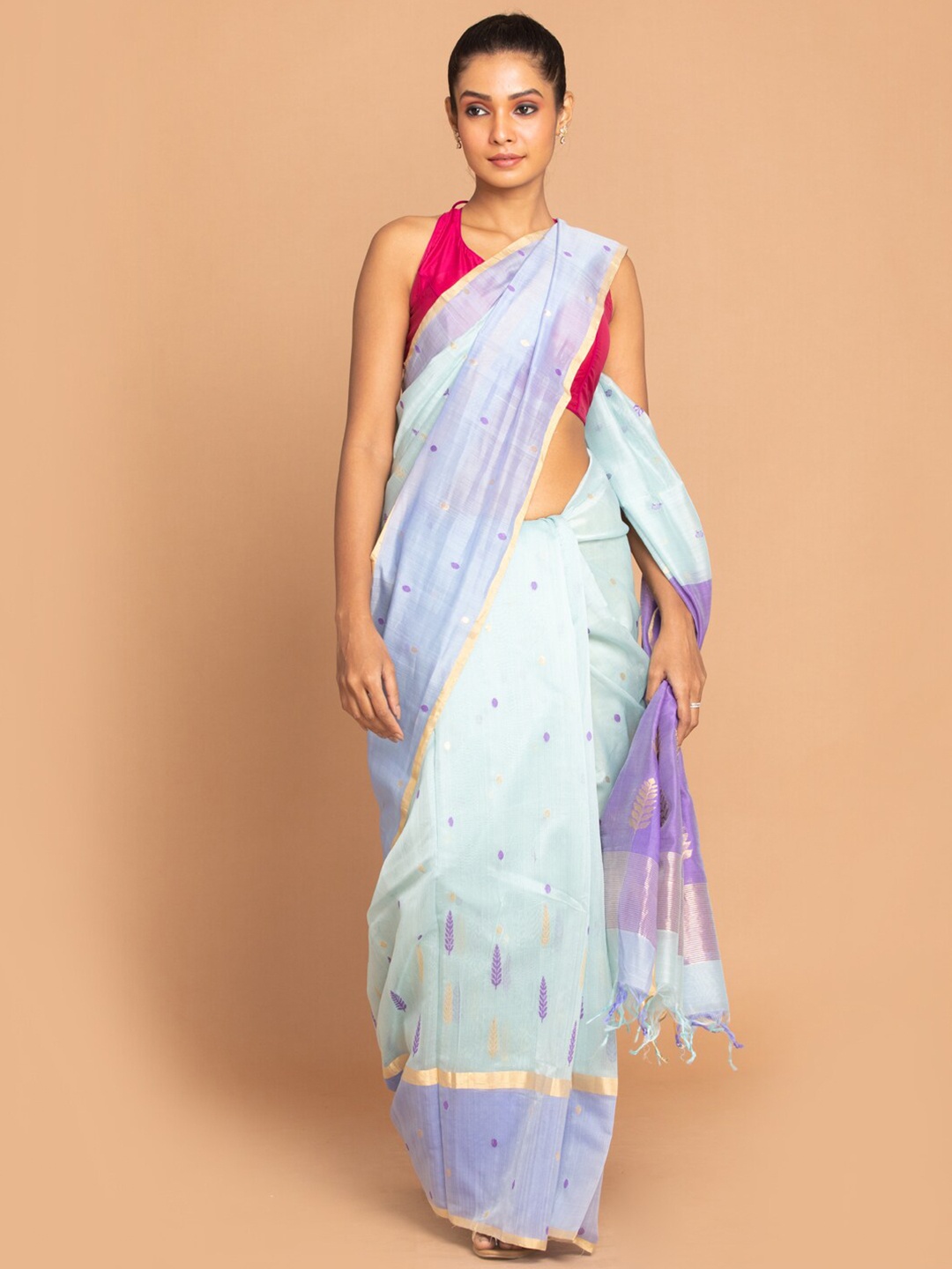 

Indethnic Blue & Purple Woven Design Zari Silk Cotton Chanderi Saree