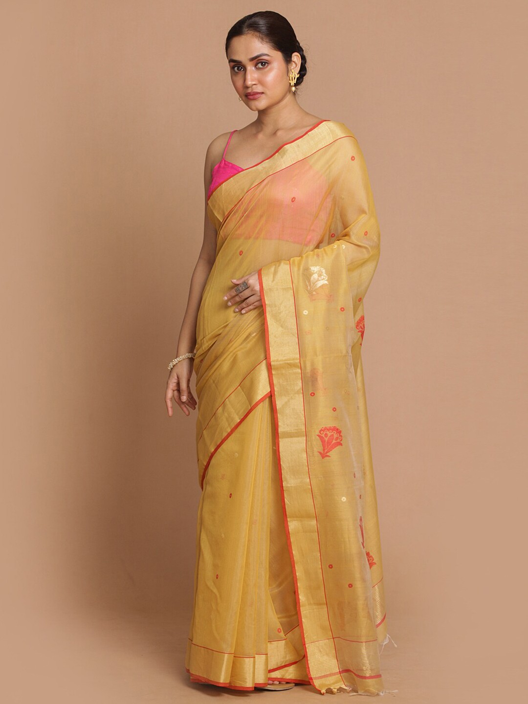 

Indethnic Beige & Red Ethnic Motifs Zari Silk Cotton Chanderi Saree