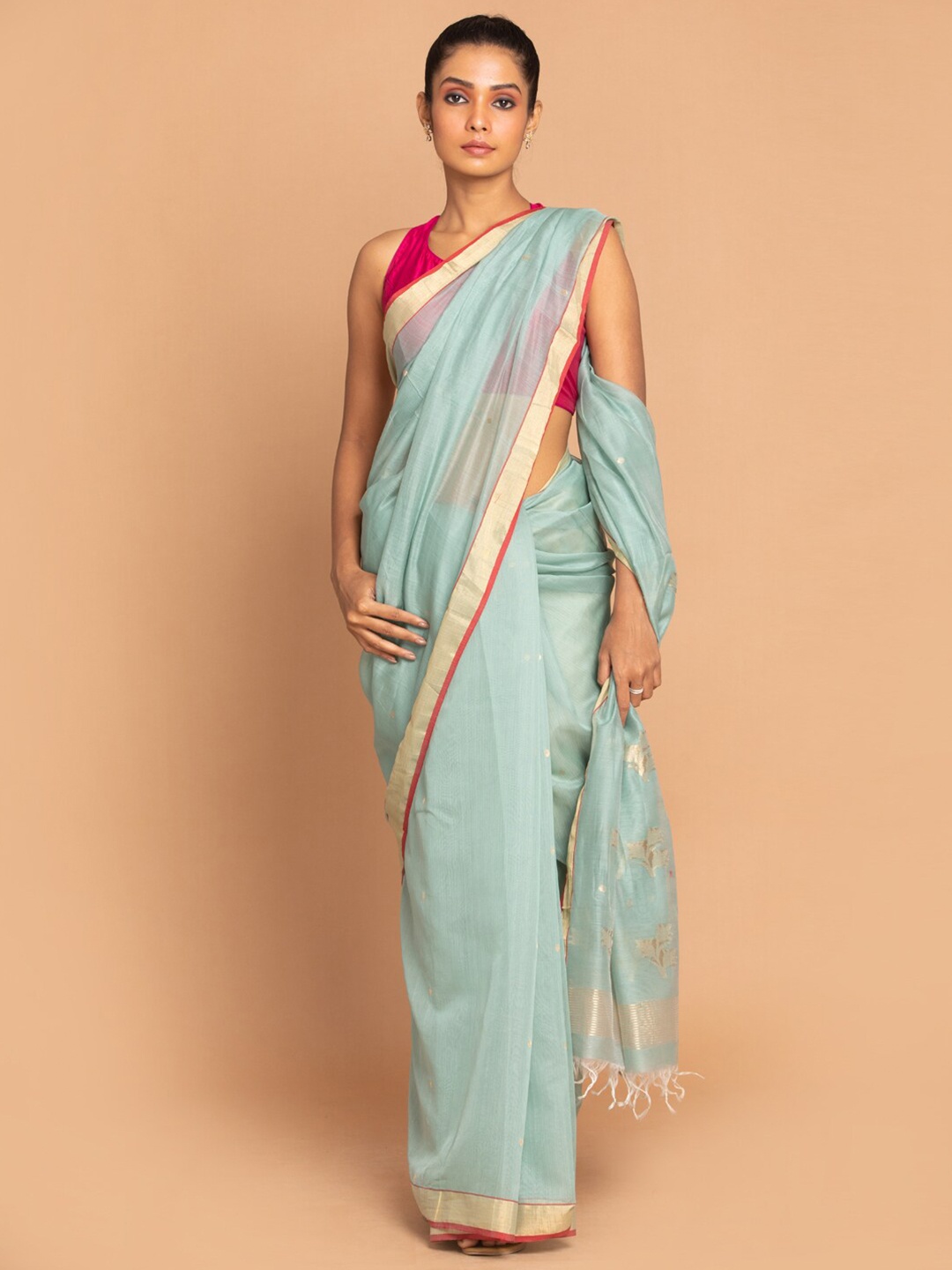 

Indethnic Sea Green & Gold-Toned Woven Design Silk Cotton Saree