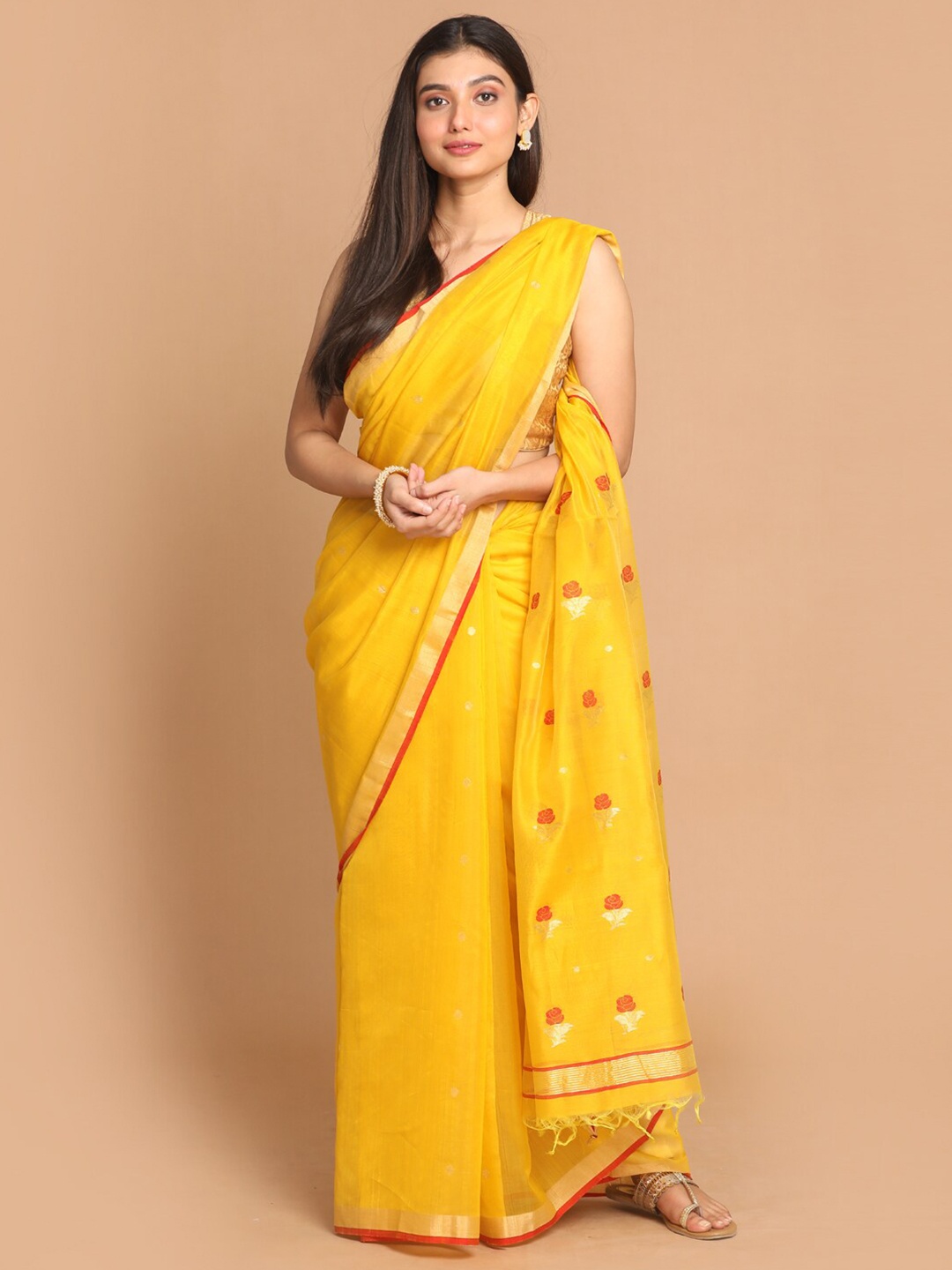 

Indethnic Mustard & Red Woven Design Zari Silk Cotton Chanderi Saree