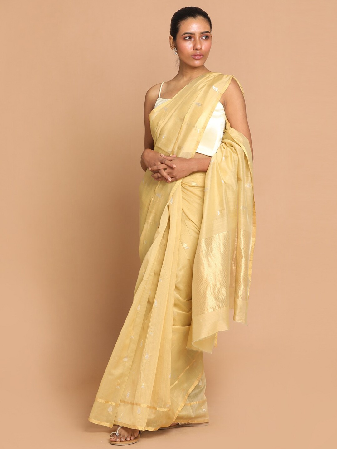

Indethnic Beige & Gold-Toned Ethnic Motifs Zari Silk Cotton Chanderi Saree