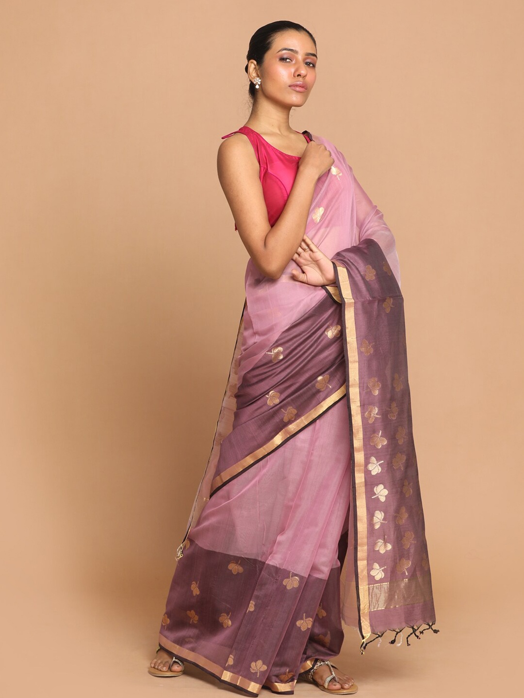 

Indethnic Purple & Gold-Toned Floral Zari Silk Cotton Chanderi Saree