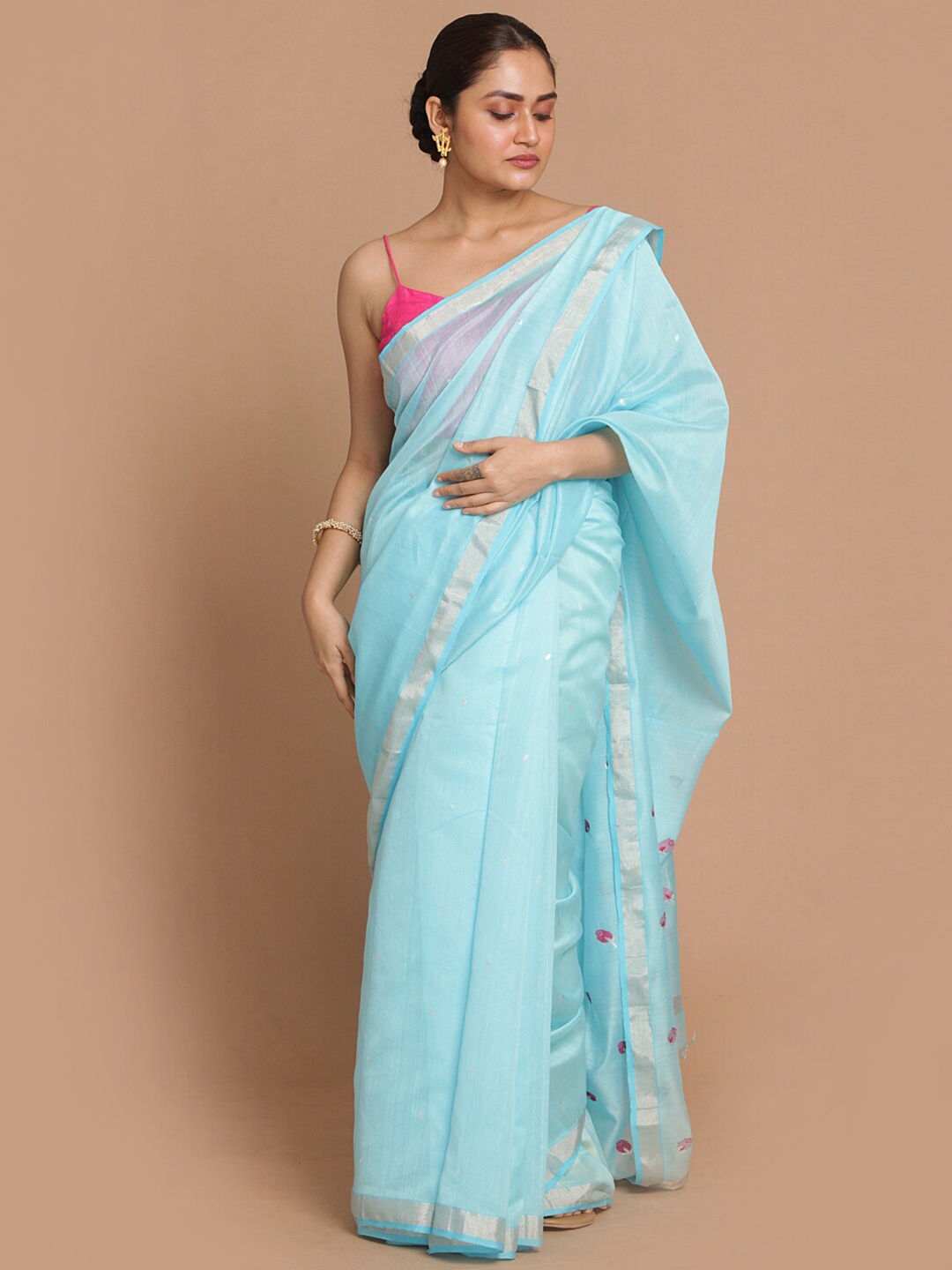 

Indethnic Turquoise Blue & Pink Woven Design Zari Silk Cotton Chanderi Saree