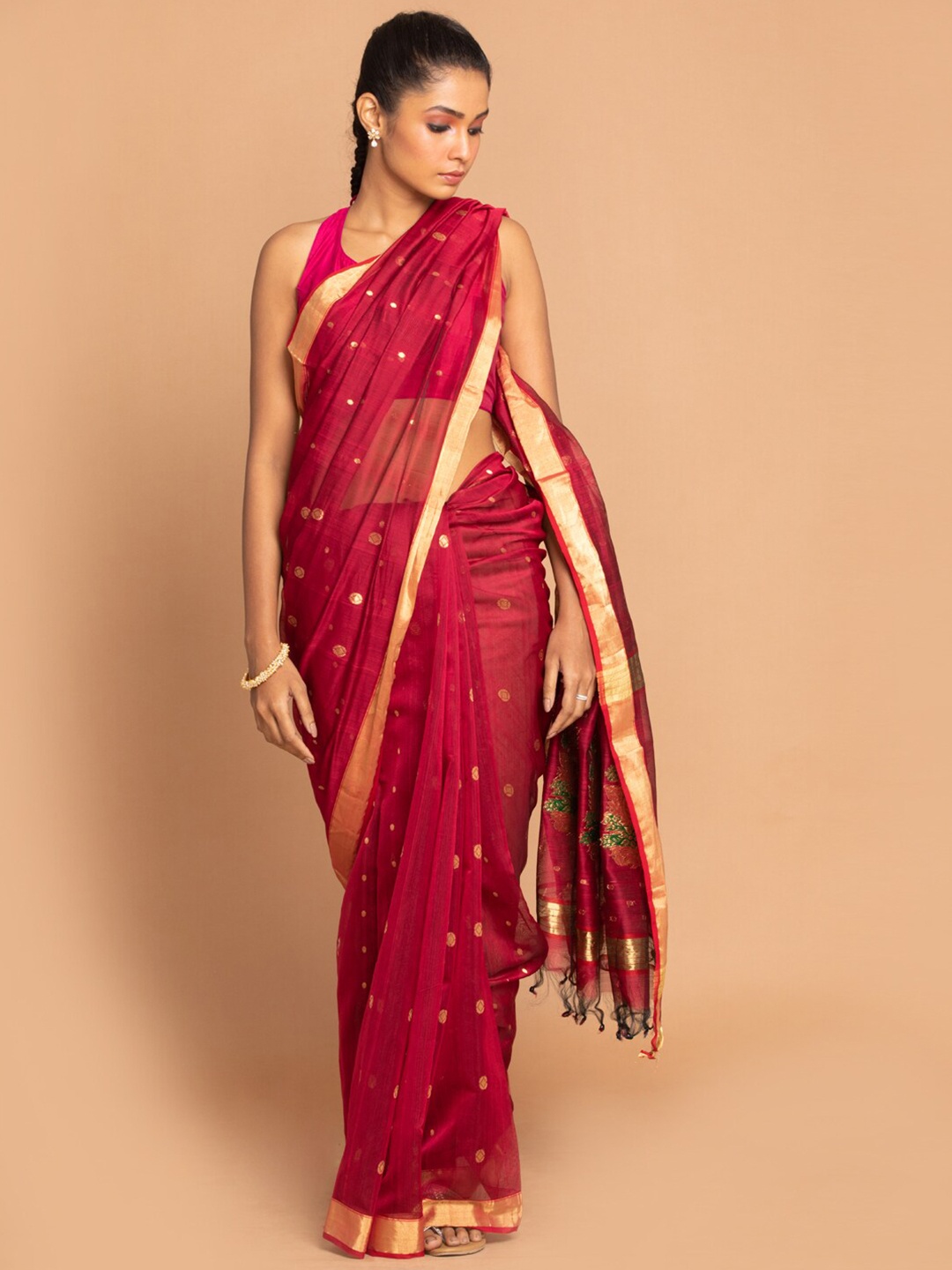 

Indethnic Maroon & Gold-Toned Woven Design Silk Cotton Saree