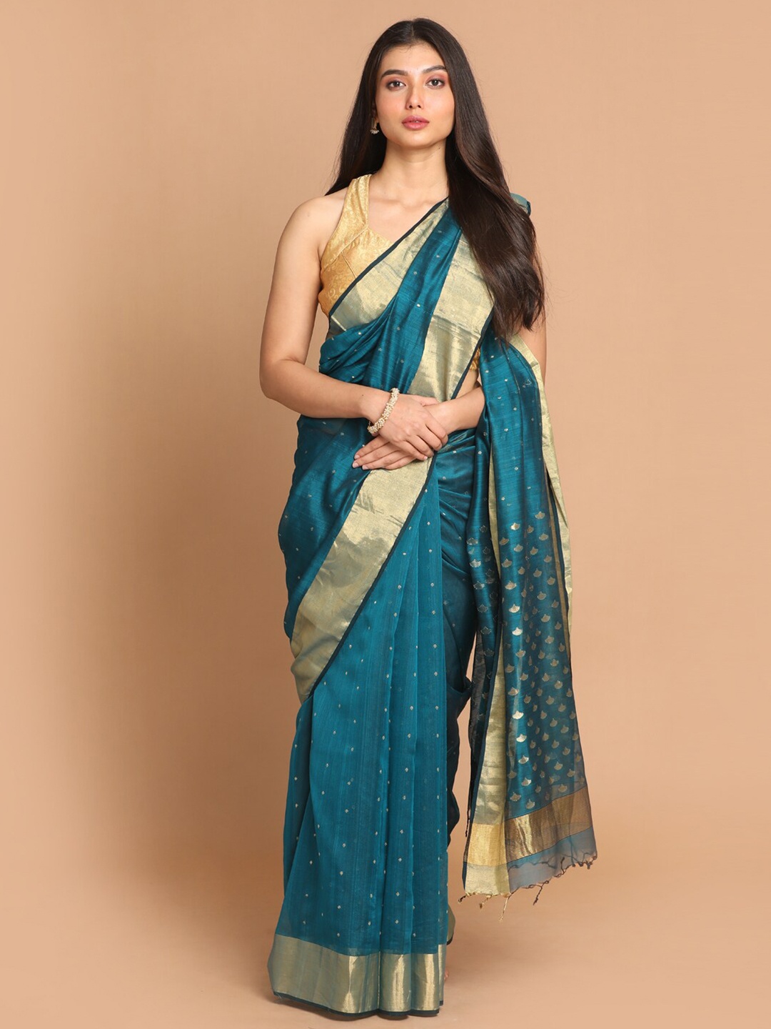 

Indethnic Green Zari Silk Cotton Chanderi Saree