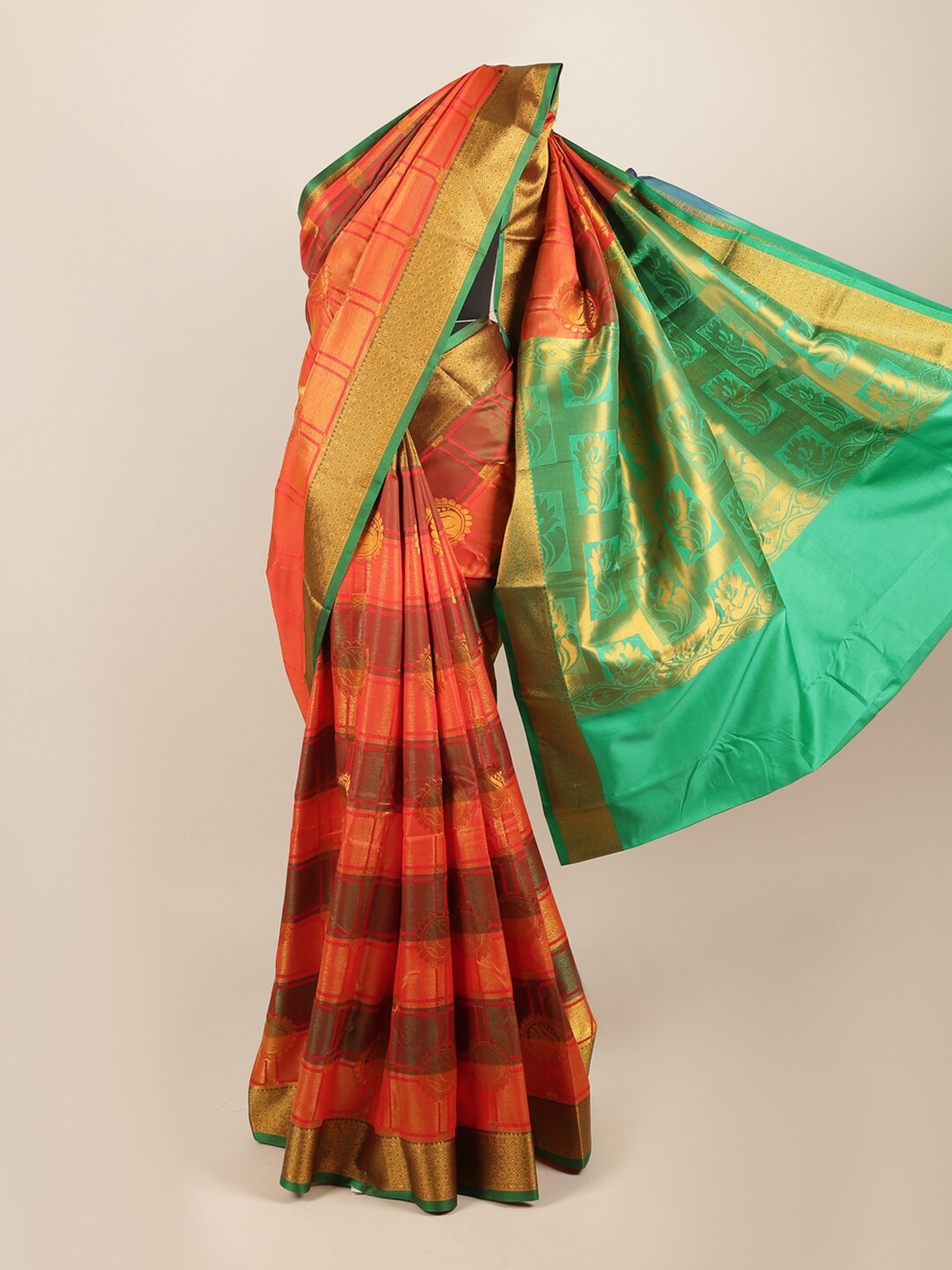 

Pothys Orange & Green Ethnic Motifs Zari Art Silk Saree