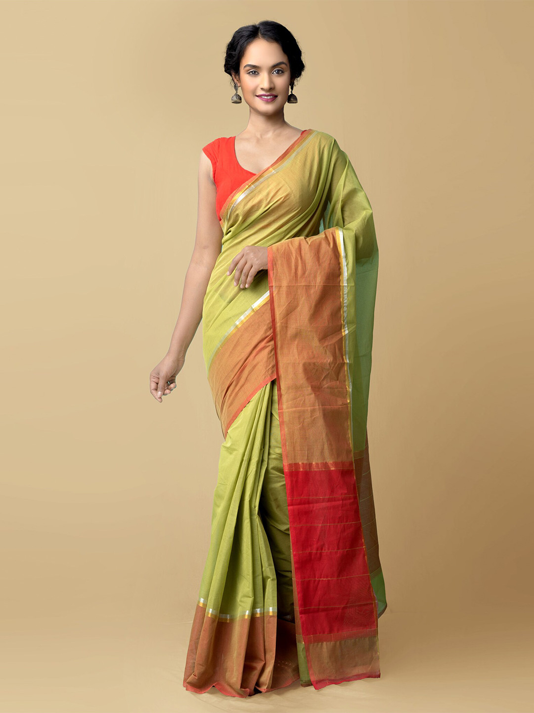 

Unnati Silks Green & Red Pure Cotton Mangalagiri Saree