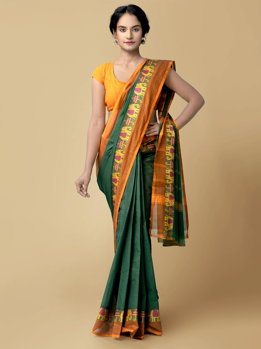 

Unnati Silks Green & Orange Pure Cotton Chettinad Saree