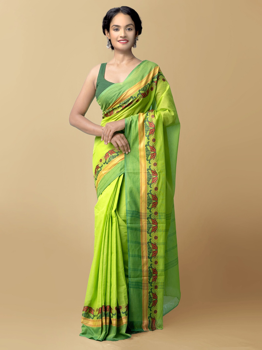 

Unnati Silks Green & Yellow Ethnic Motifs Pure Cotton Chettinad Saree