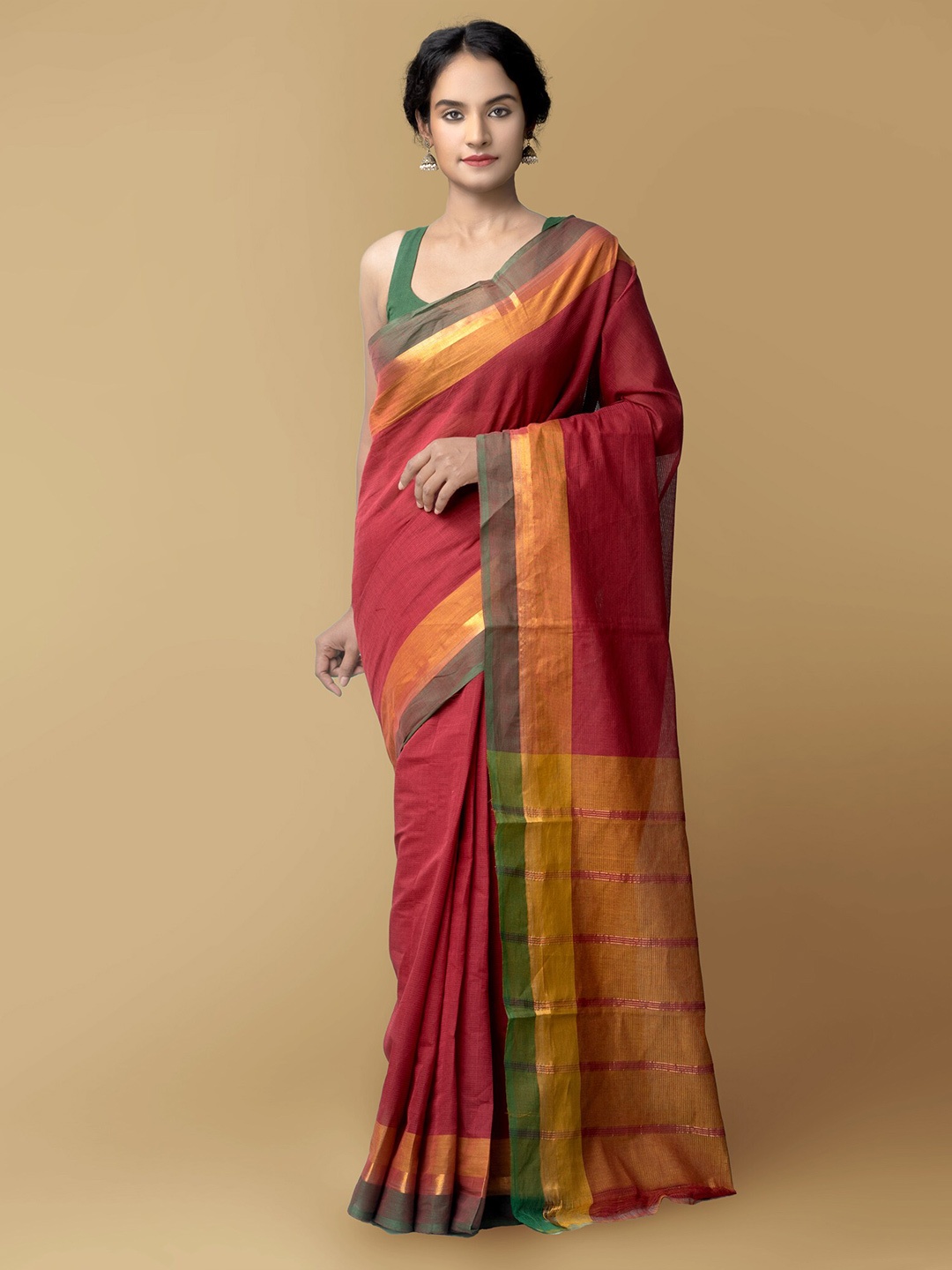 

Unnati Silks Maroon & Green Zari Pure Cotton Mangalagiri Saree