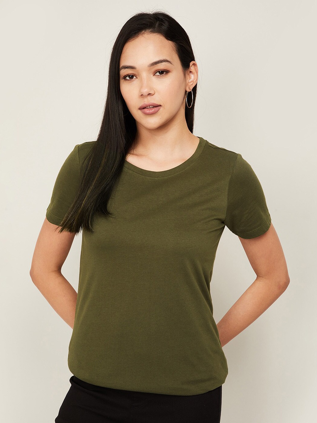 

Fame Forever by Lifestyle Olive Green Pure Cotton Regular Top