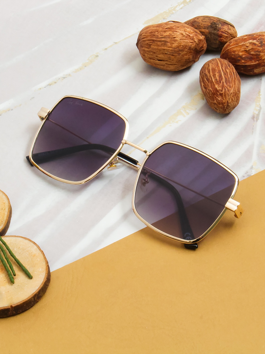 

Ted Smith Unisex Purple Lens & Gold-Toned Square Sunglasses with UV Protected Lens