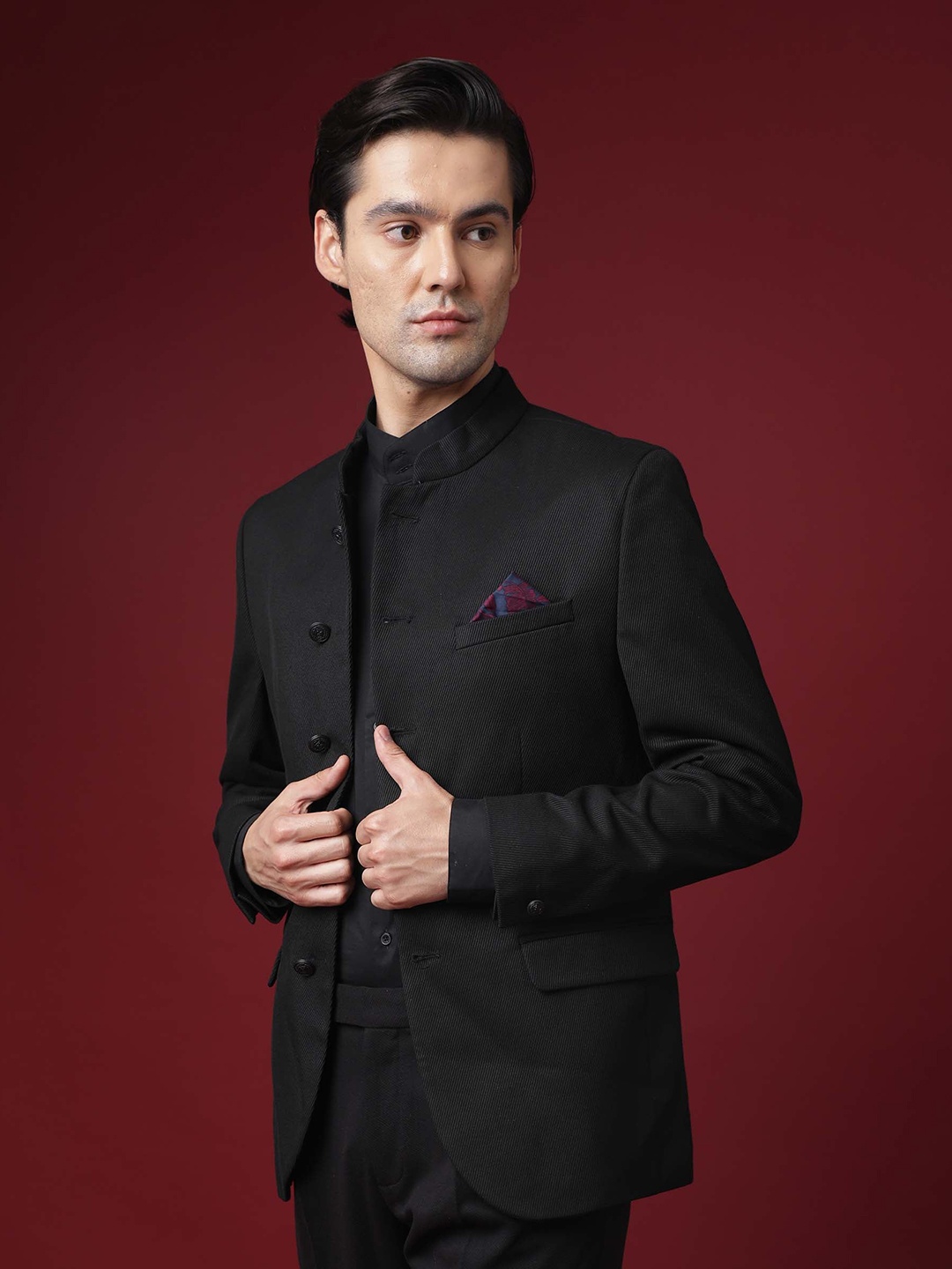 

RARE RABBIT Men Edit Band Tailored Fit Formal Nehru Jacket, Black