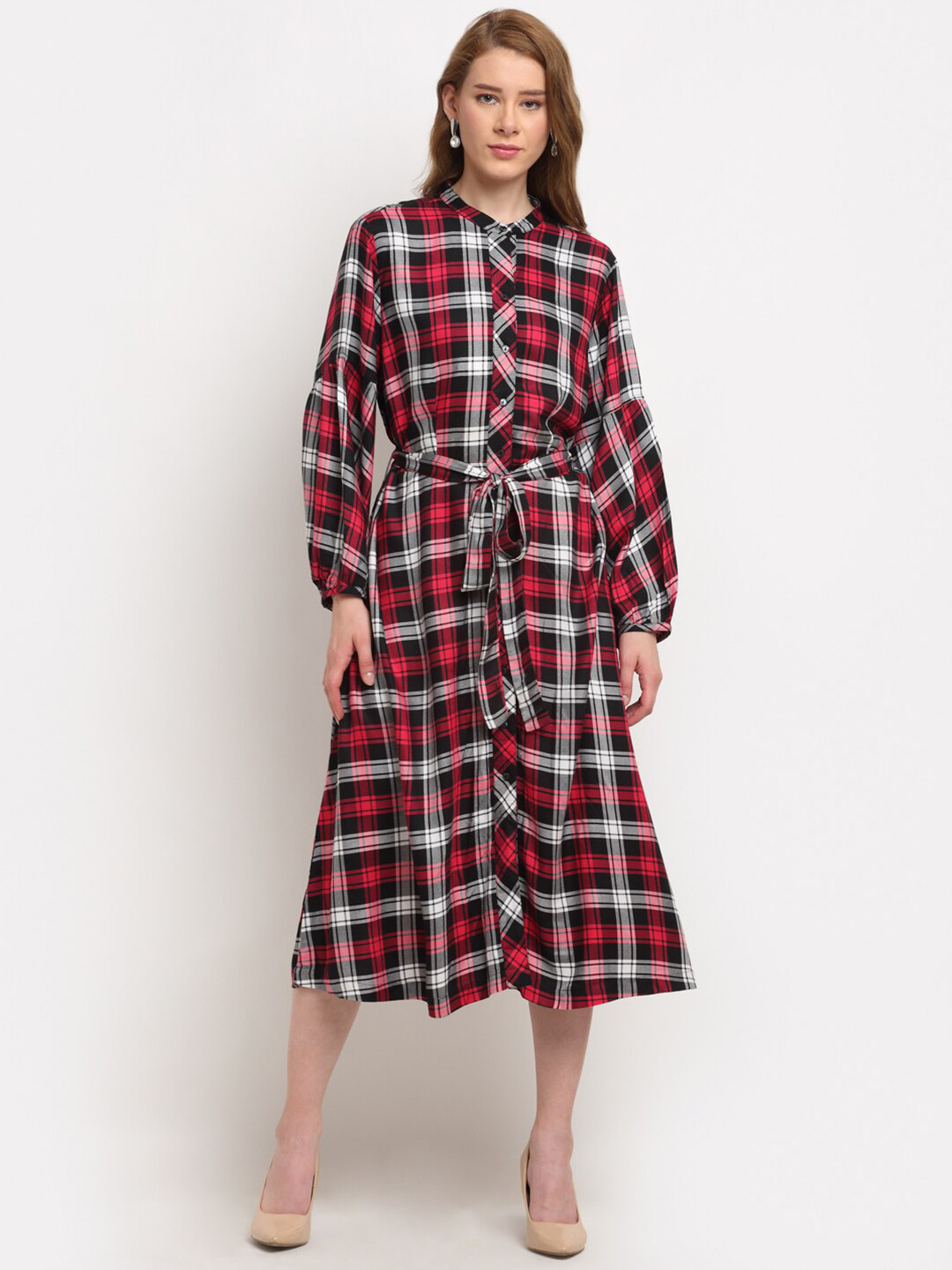 

Crozo By Cantabil Red & Black Checked Shirt Midi Dress