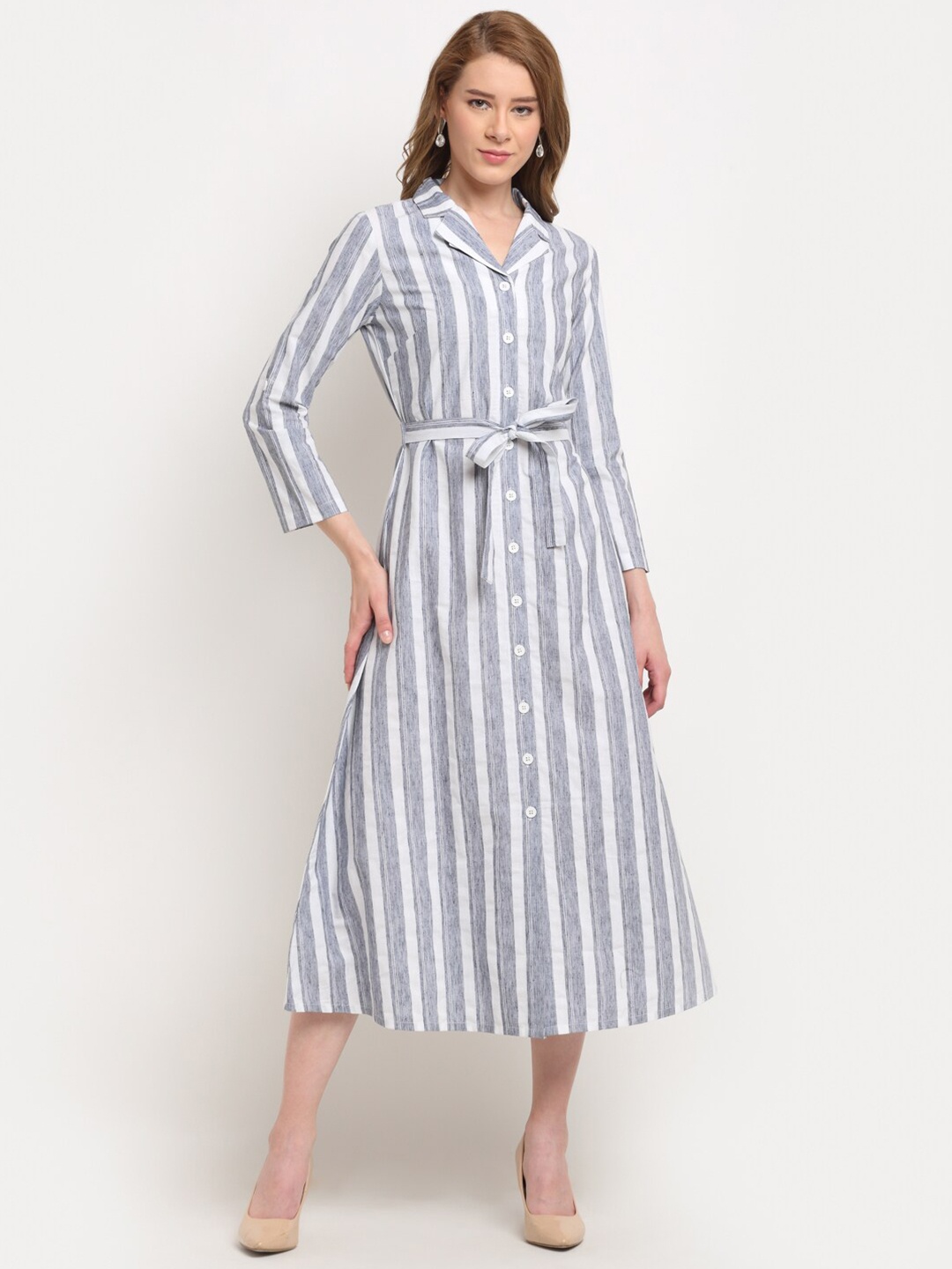 

Crozo By Cantabil Grey & White Striped Midi Dress
