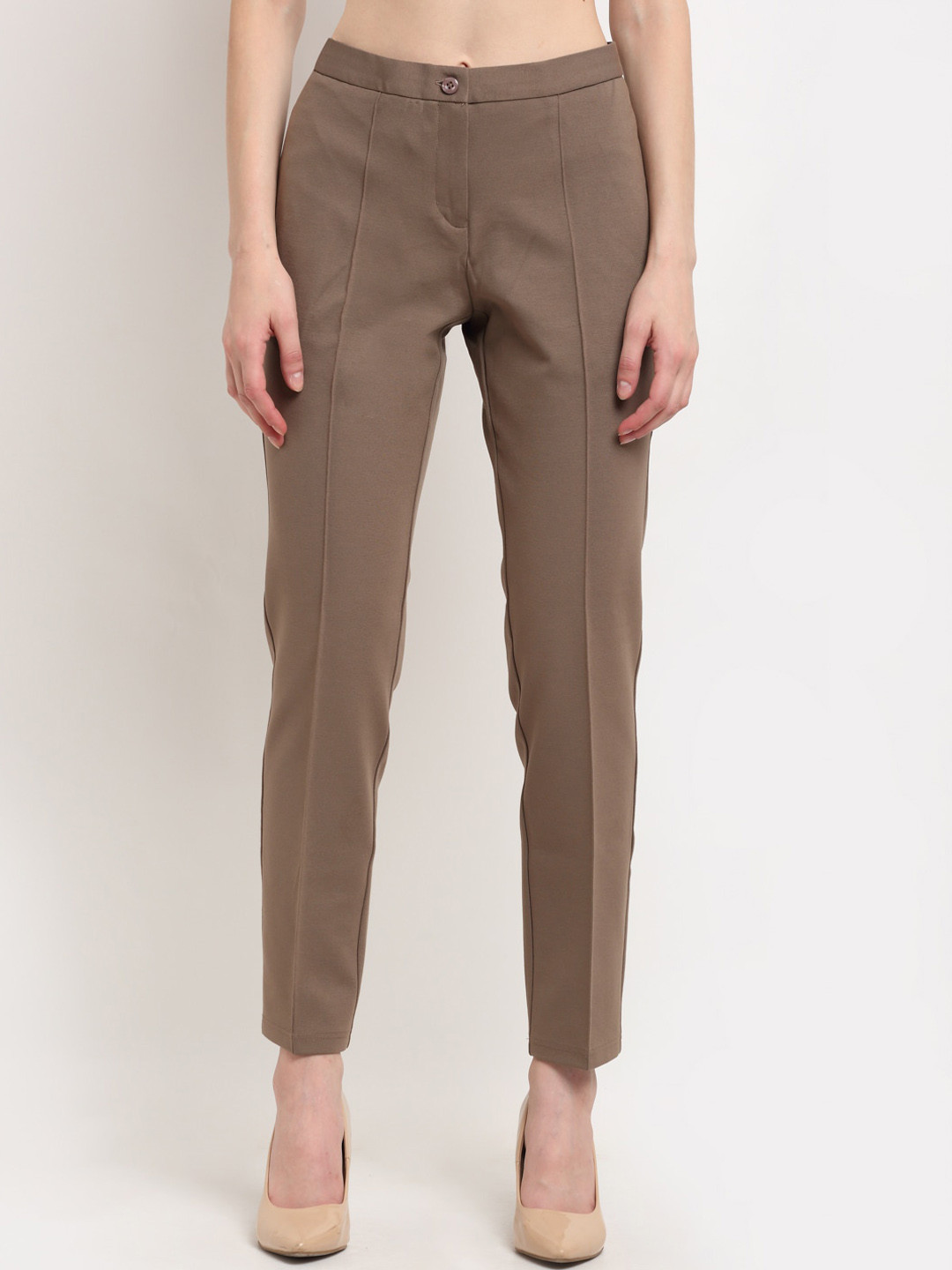 

Crozo By Cantabil Women Brown Slim Fit Solid Cigerette Trousers