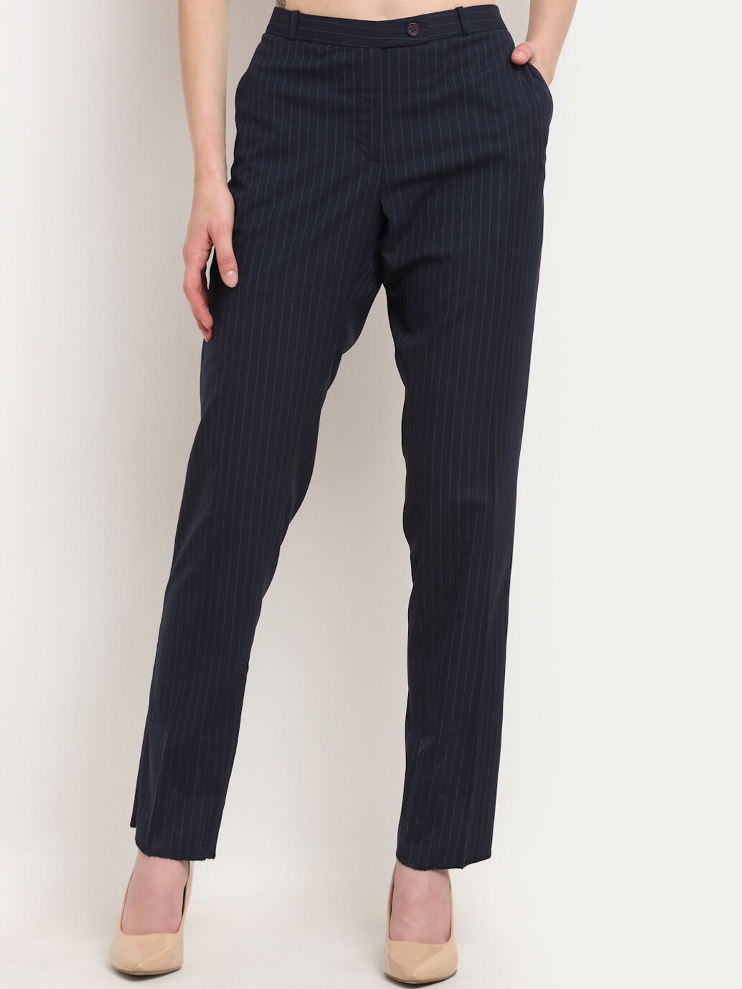 

Crozo By Cantabil Women Navy Blue Printed Slim Fit Pleated Formal Trousers