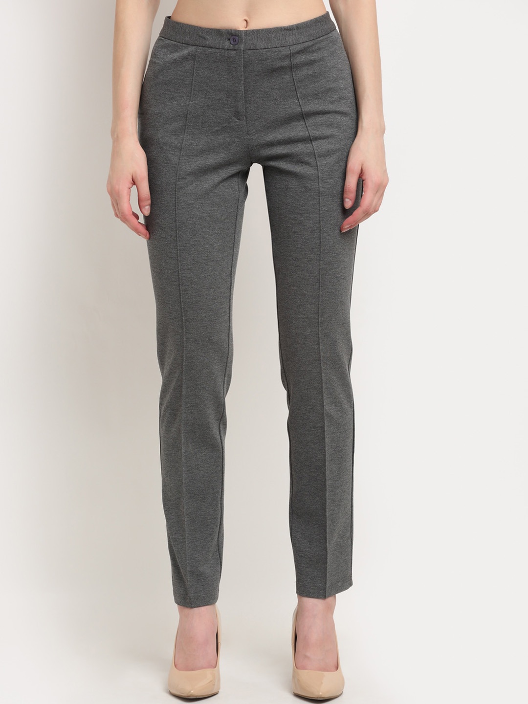 

Crozo By Cantabil Women Grey Slim Fit Pleated Formal Trousers